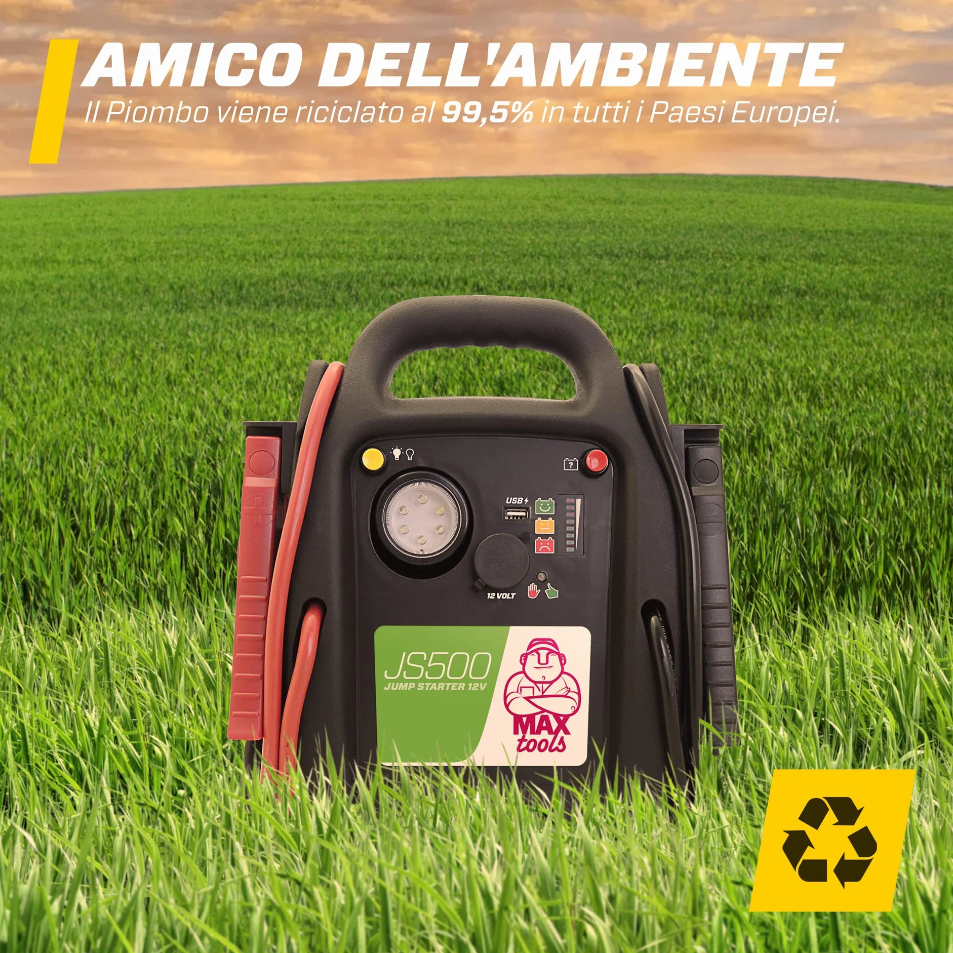 MAXTOOLS JS500 2200 A 22 Ah, Avviatore di Emergenza per Auto e Furgoni, Motori 12V Diesel e Benzina, Jump Starter, con Torcia LED, Porta USB e Cavi di Avviamento