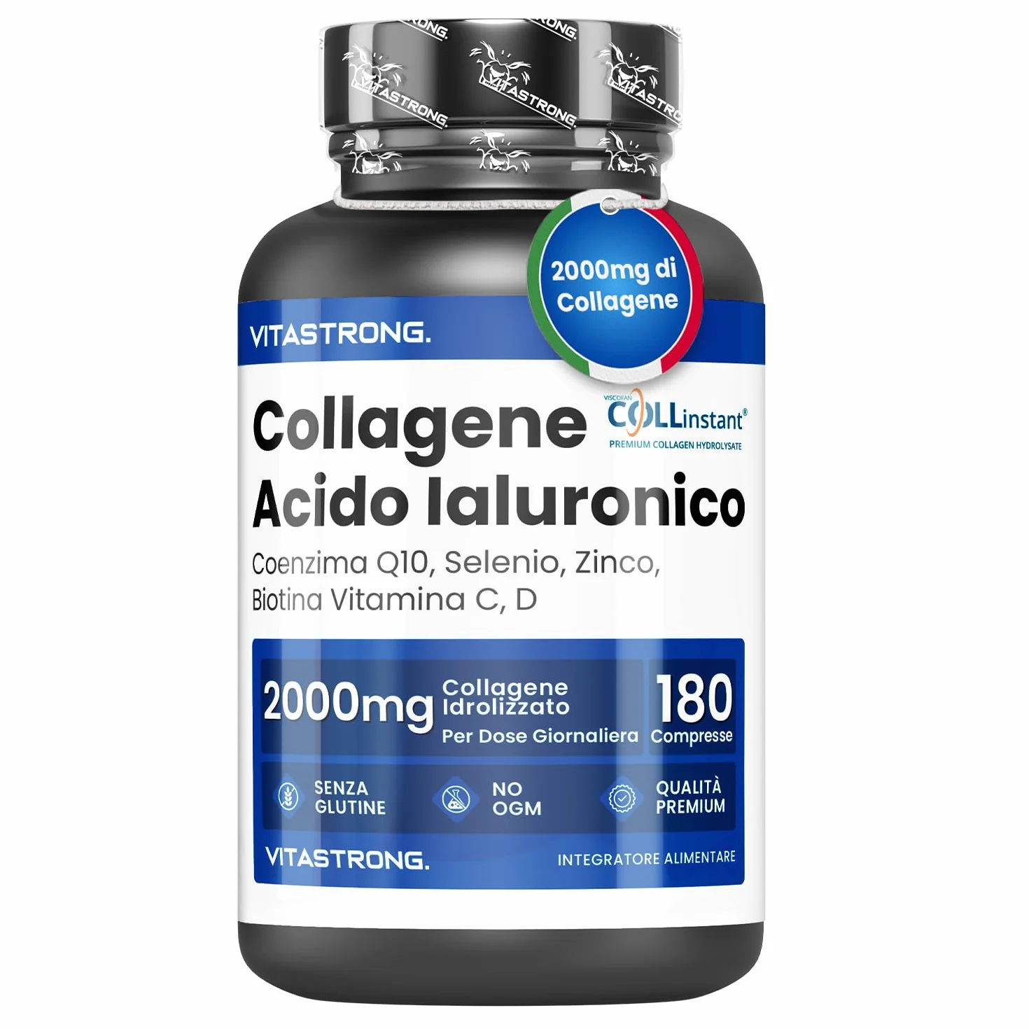 Vitastrong COLLAGENE IDROLIZZATO 2000MG Collinstant Collagene e Acido Ialuronico con Biotina, Coenzima Q10, Zinco, Selenio, Vitamina C, Vitamina D