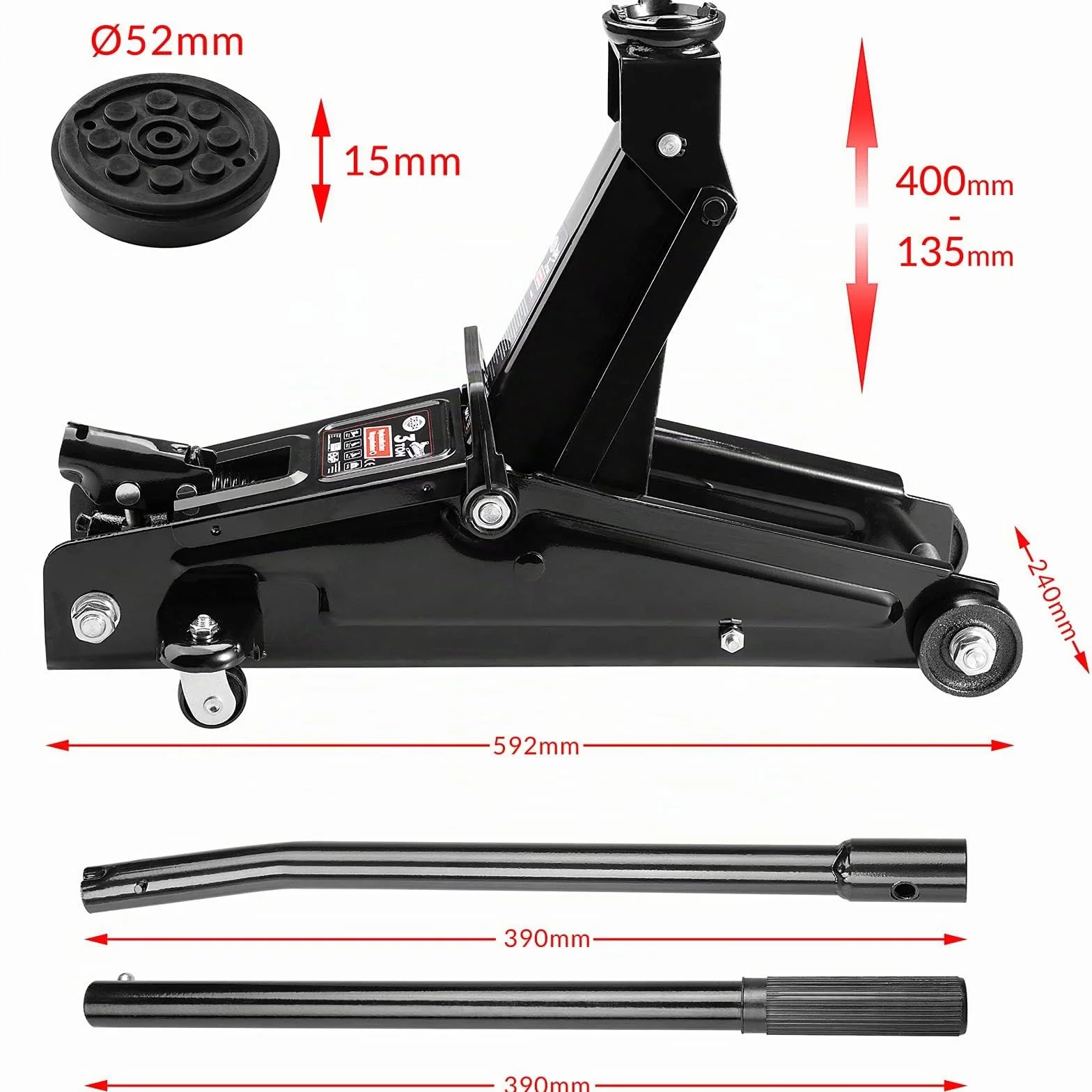 Cric idraulico auto 3 tonnellate Deuba maniglia rotelle manovrabile cuscinetto gomma martinetto sollevatore