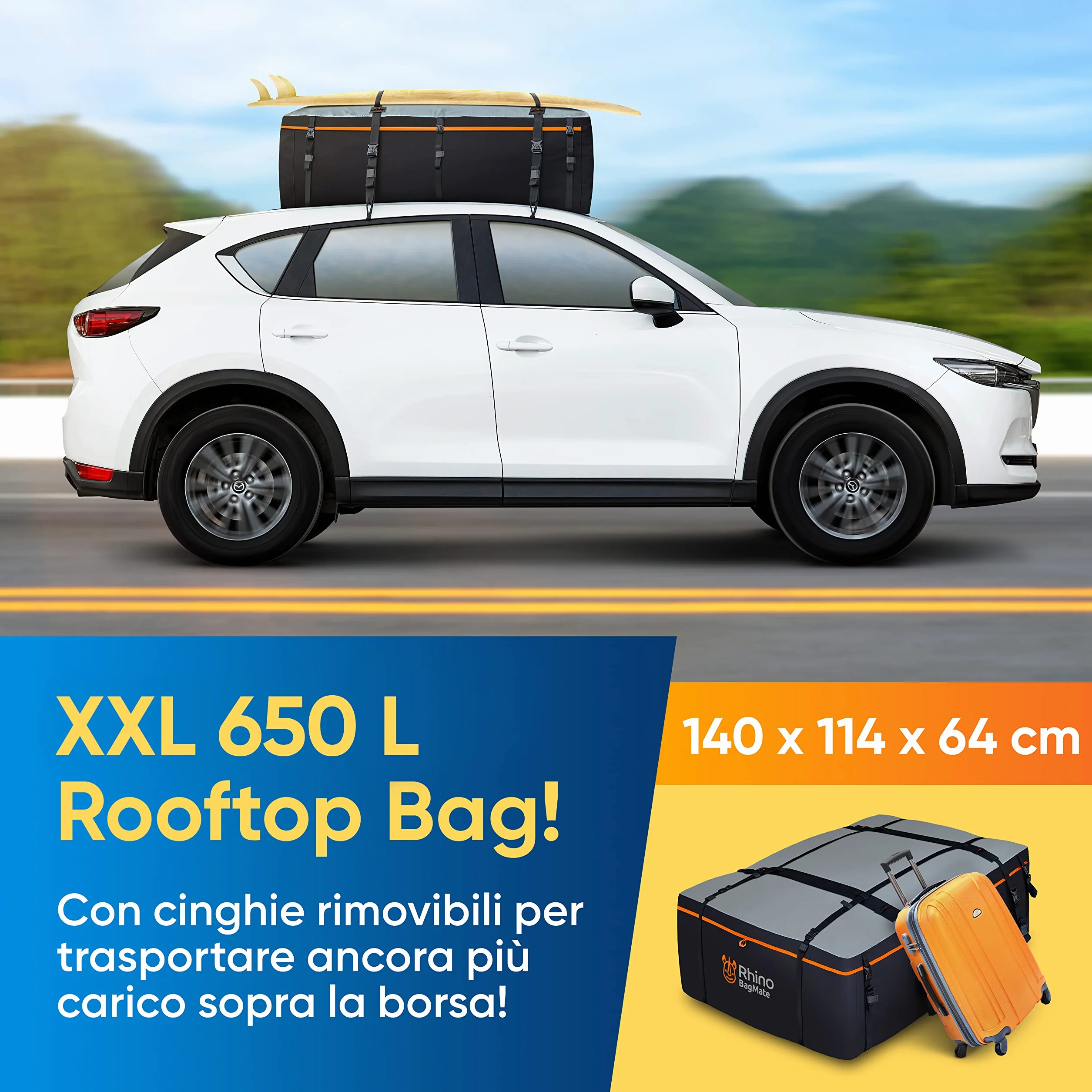 Borsa Da Tetto Per Auto XXL 650L, Universale Per Auto Con Tetto, Box Morbido 100% Impermeabile Con Protezione Uv, Molto Resistente E Sicuro Per Auto Con O Senza Portapacchi
