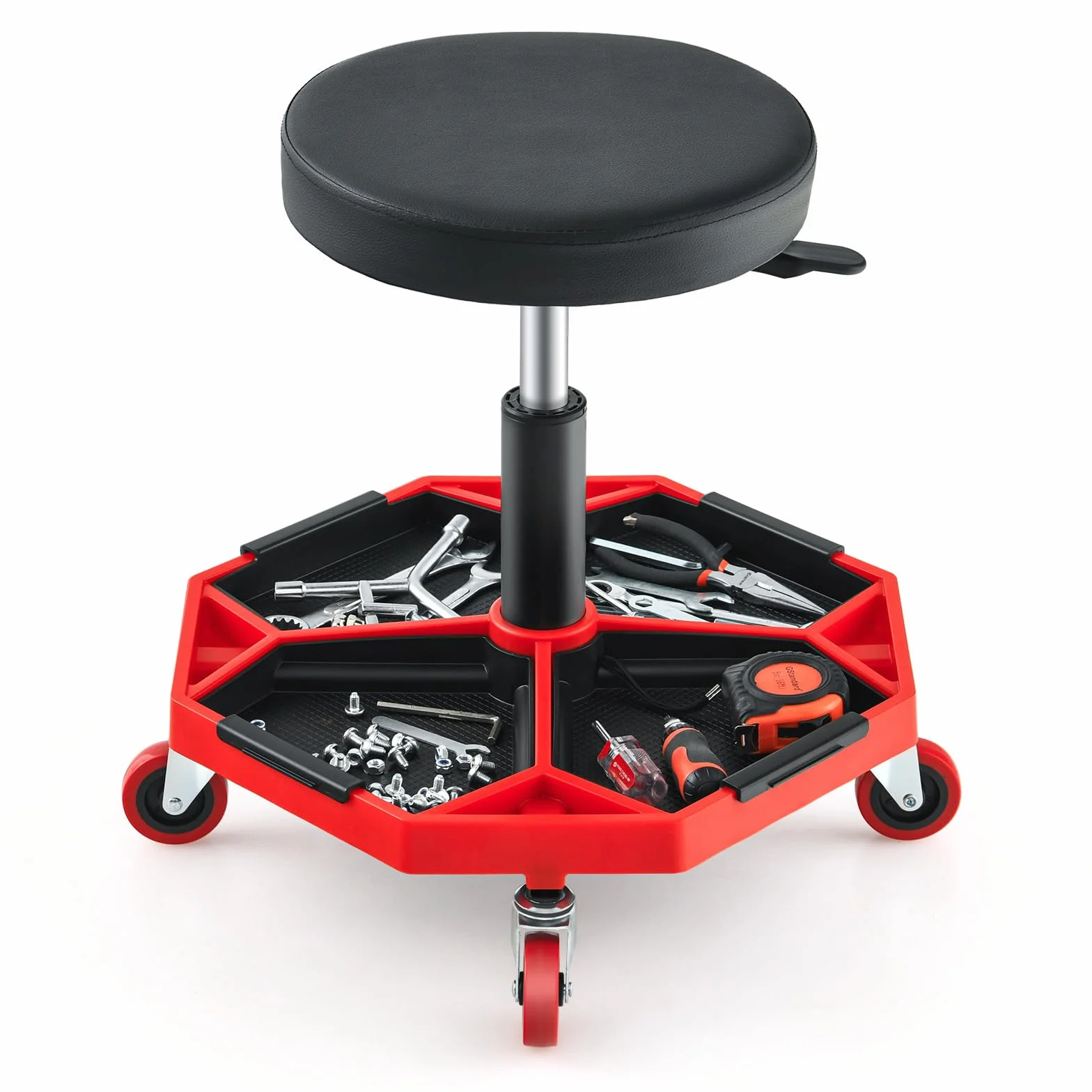 COSTWAY Sgabello da Officina con Ruote, 150 kg, Altezza Regolabile, Girevole, Rosso