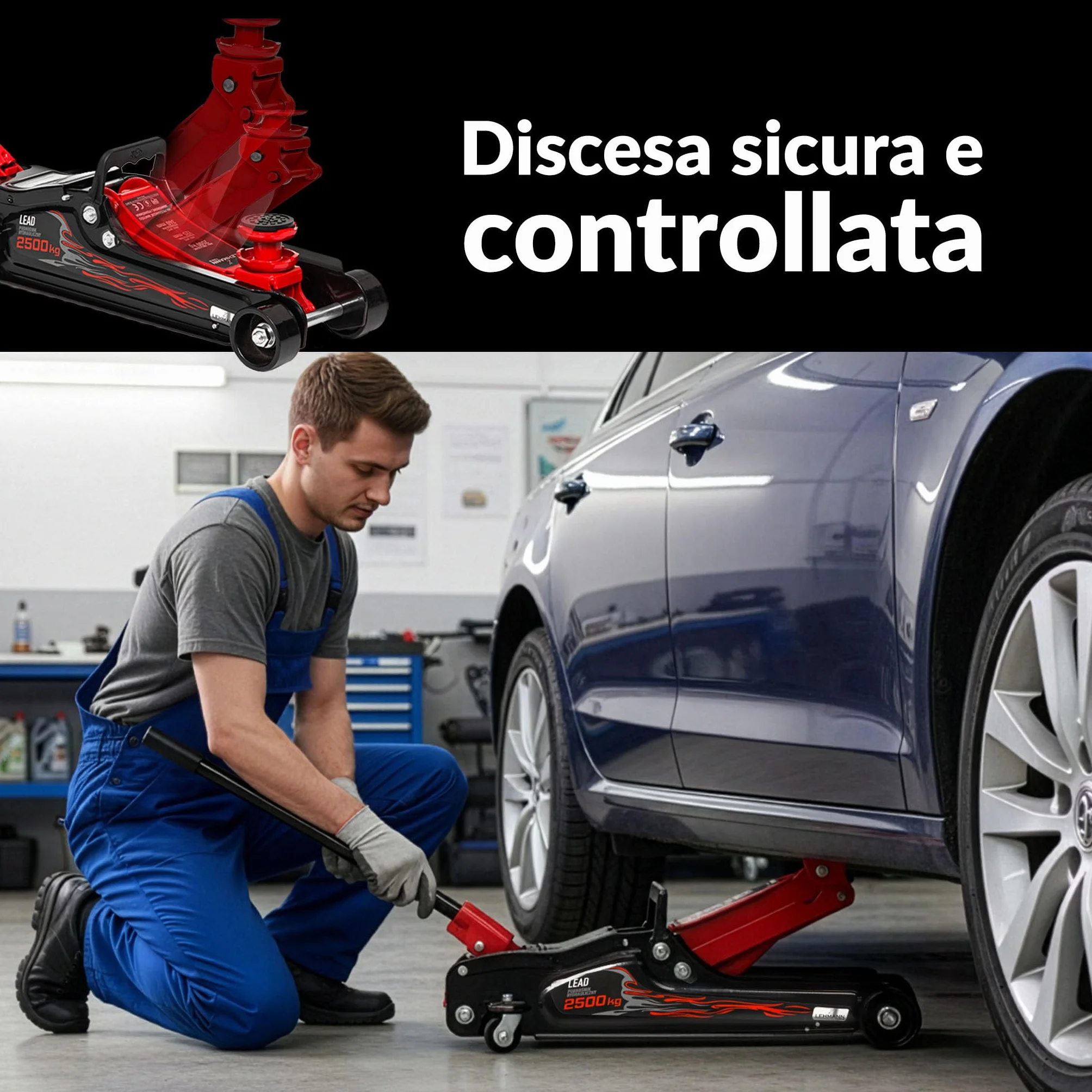 LEHMANN Cric a piombo idraulico 2500 kg carrello gomma cambio gomme officina