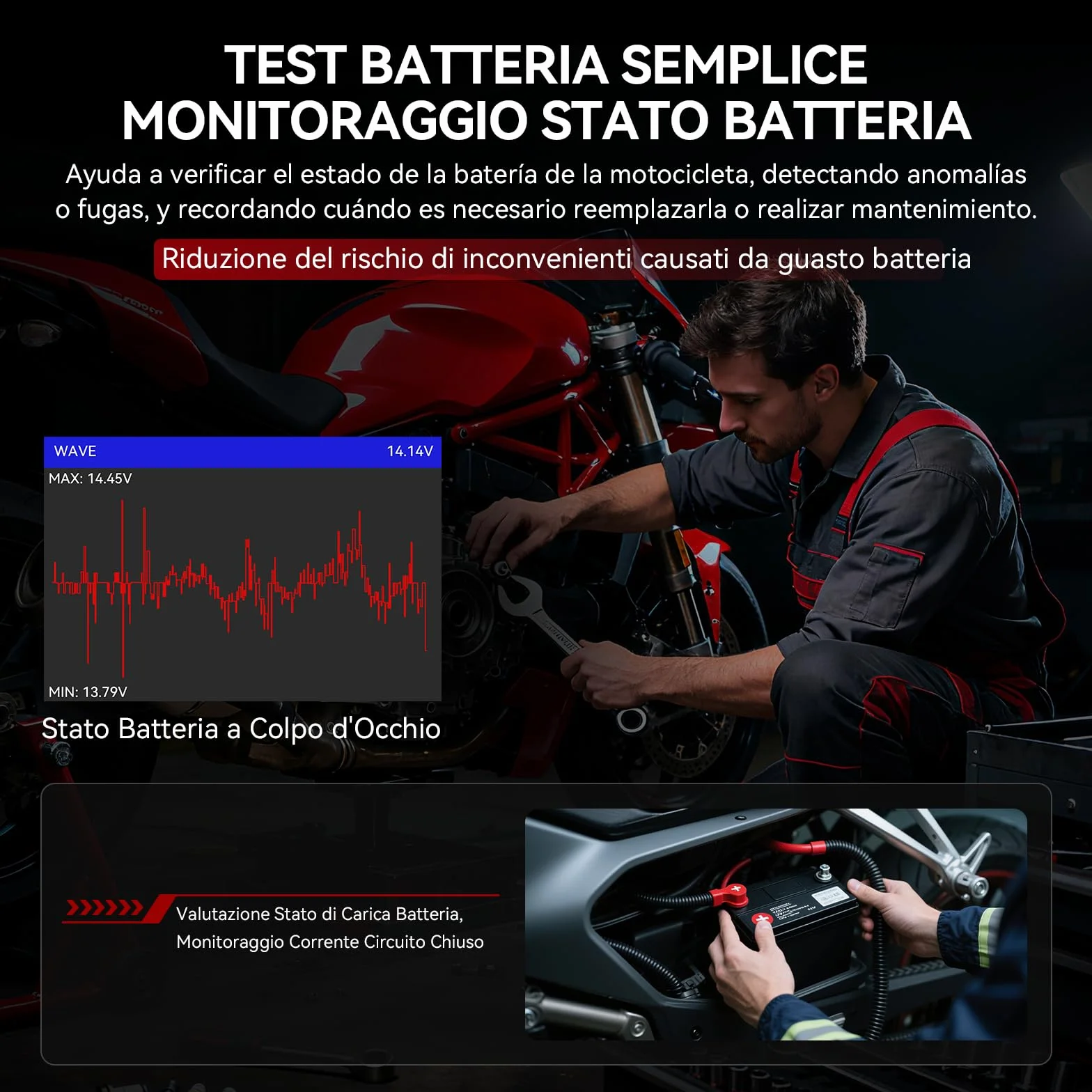 iCarsoft MT V6 Strumento diagnostico moto Ducati scanner 101 test attivi 85 servizi manutenzione lettura codici test batteria