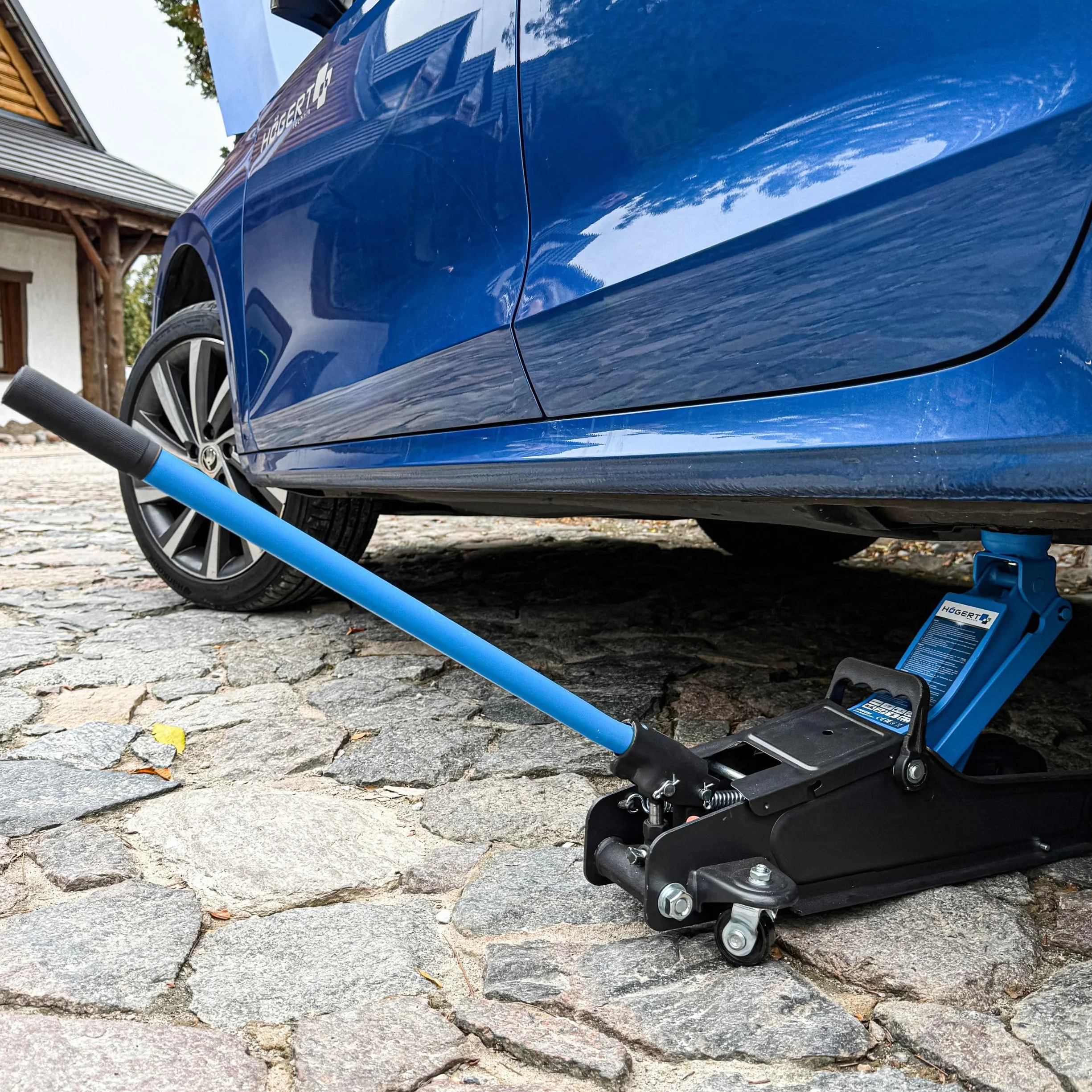 HÖGERT TECHNIK Cric idraulico piatto 2T, altezza 90-340 mm, acciaio, ruote, valvola sicurezza, sollevatore auto