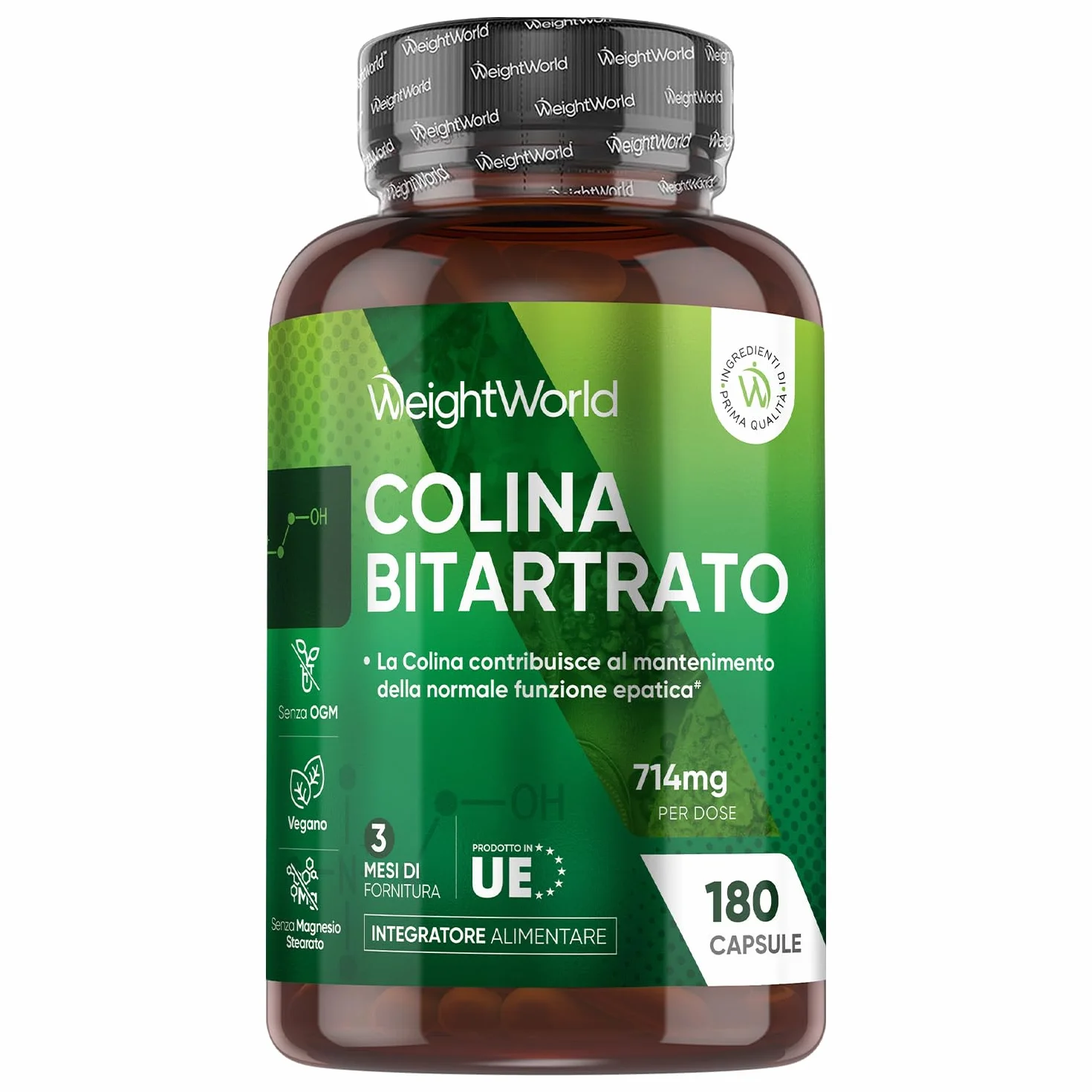 Colina Integratore Vegano 714mg 180 Capsule Funzione Epatica Senza Magnesio Stearato Prodotto Europa