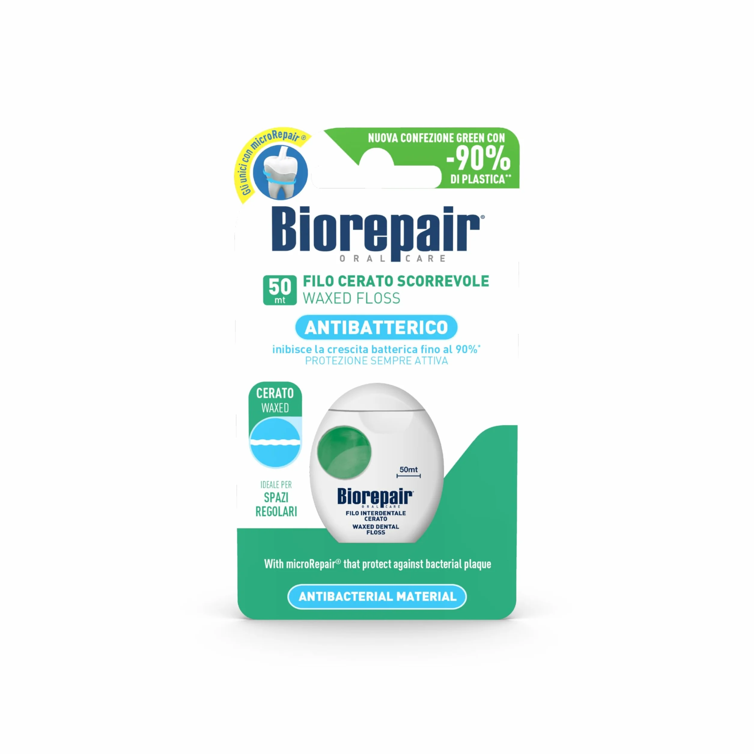Biorepair Filo Interdentale Antibatterico Cerato Scorrevole Menta Fresca 50 mt