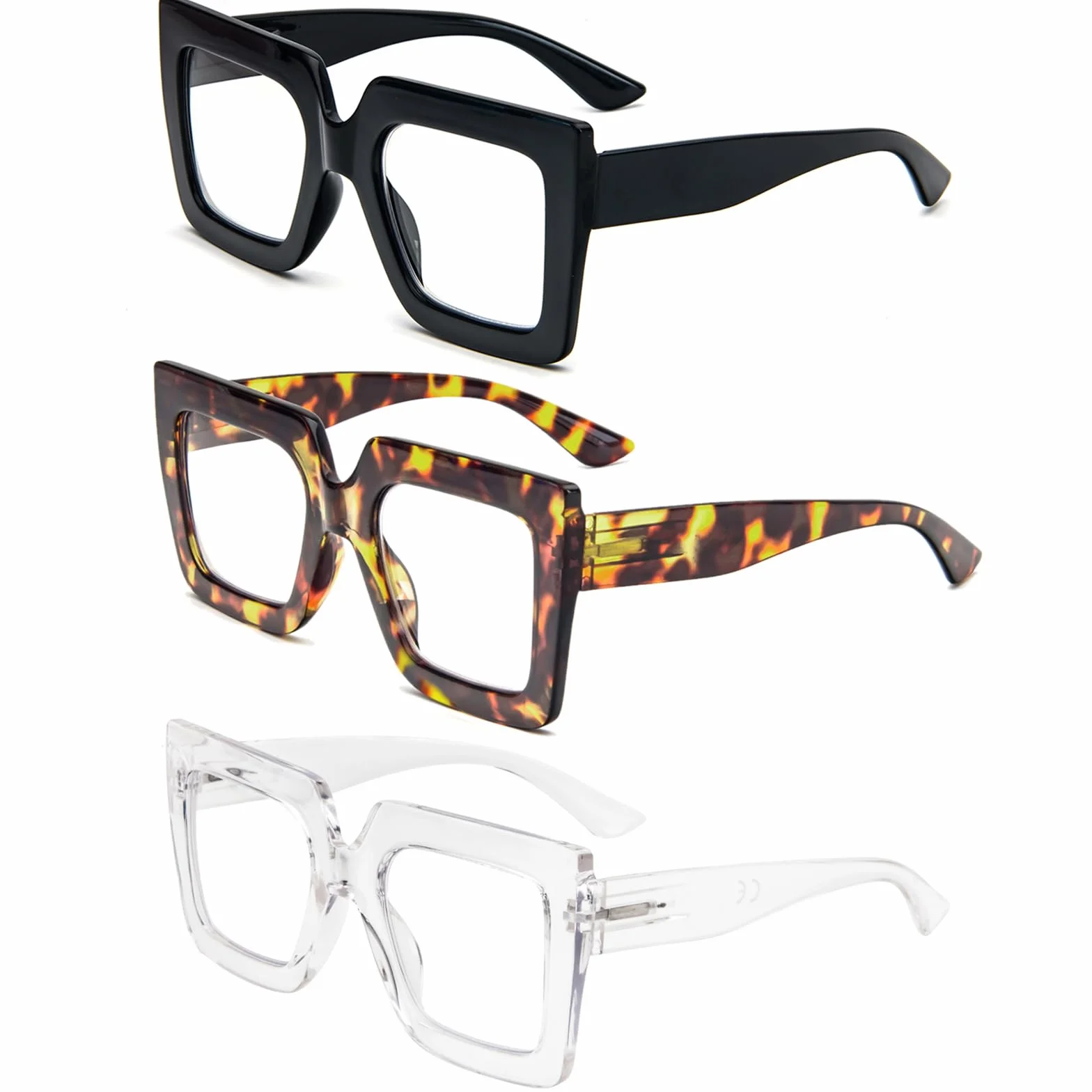 KoKoBin 3 Confezioni Occhiali da Lettura Donna Montatura Quadrata Blocco Luce Blu Nero Marrone Leopardo Trasparente 2 Diottria