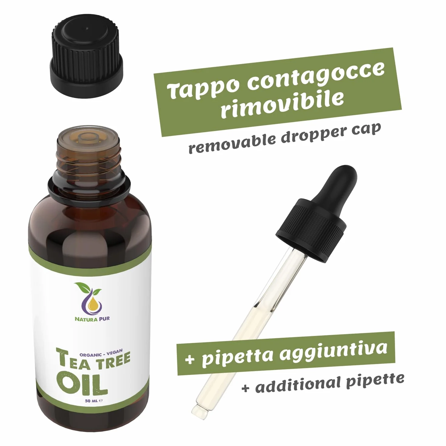 Tea Tree Oil 50ml con Pipetta - Olio Essenziale di Albero del Tè Puro Biologico per Acne e Aromaterapia