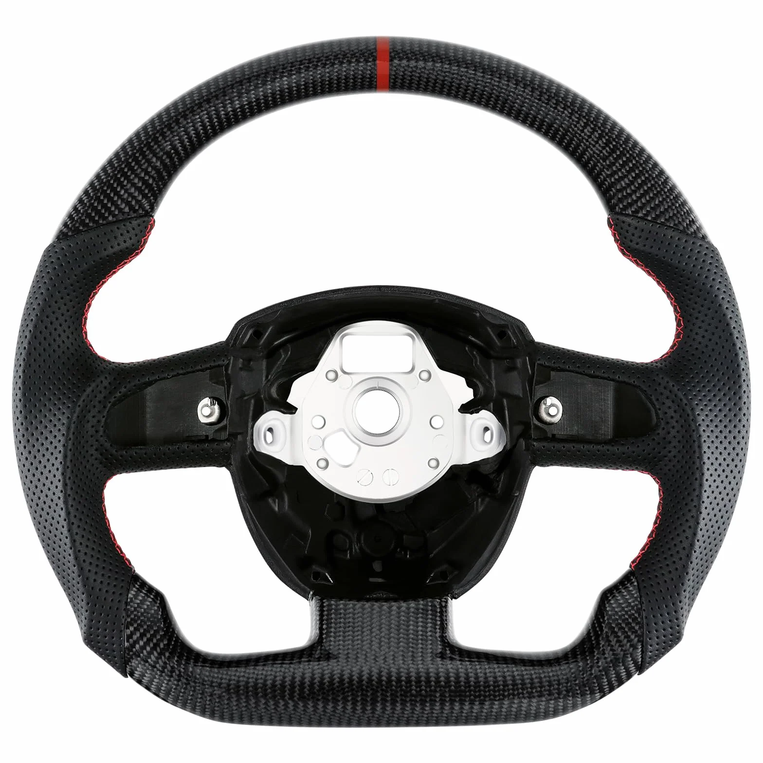 Volante in fibra di carbonio a forma di D con fondo piatto e cuciture rosse, volante personalizzato in pelle traforata, per Audi A4(solo B7) A5 S4 S5 2008-2010