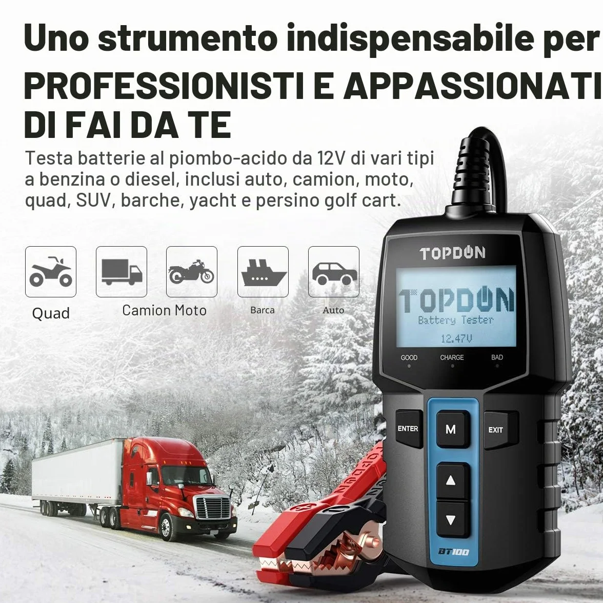 TOPDON BT100 Tester Batteria Auto, 12V 100-2000 CCA Analizzatore Digitale