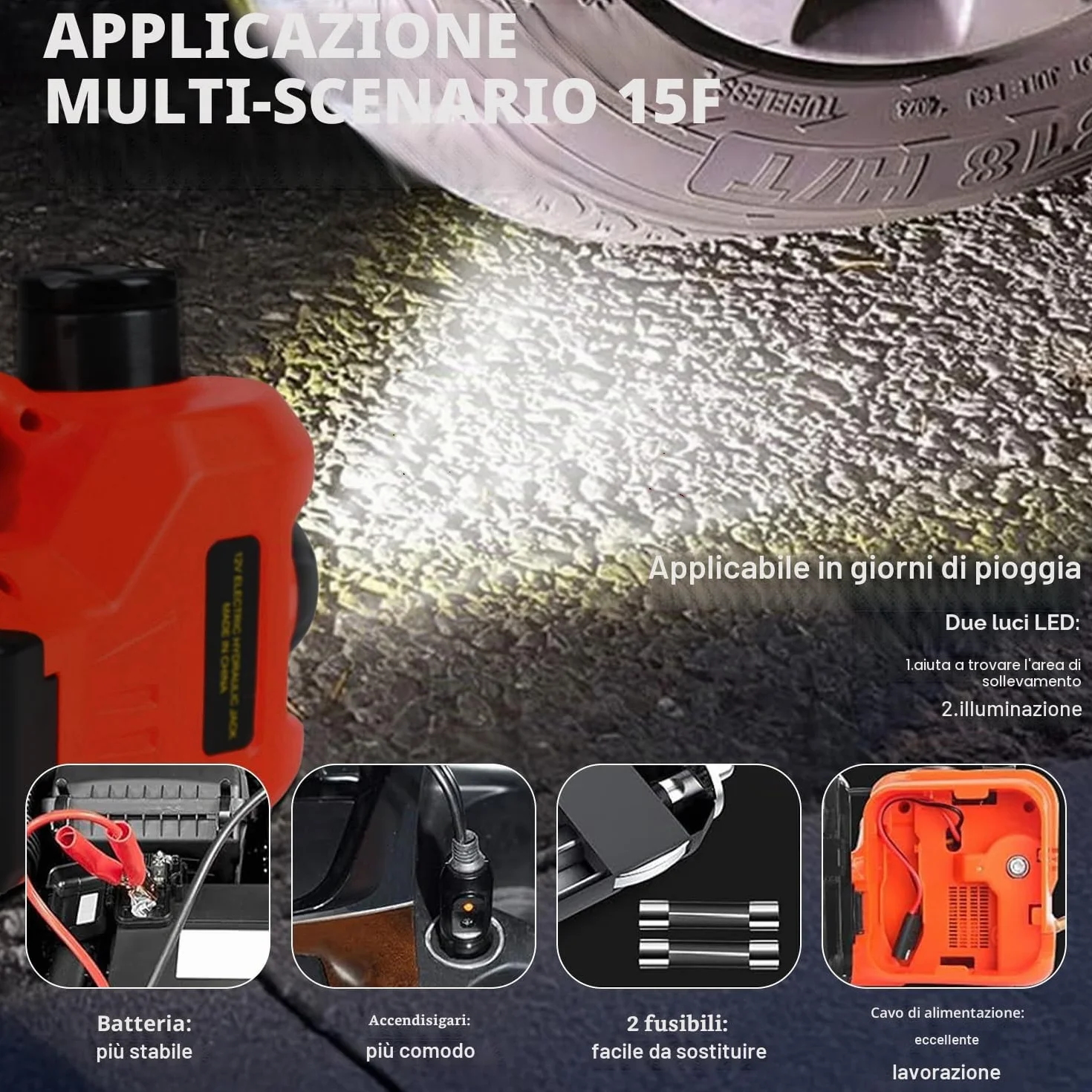 VOBOR Cric Elettrico 5T, 12V Sollevatore Auto Martinetto Idraulico con Pompa di Gonfiaggio e Fari A LED, 135-360 mm Car Electric Jack per Auto e SUV