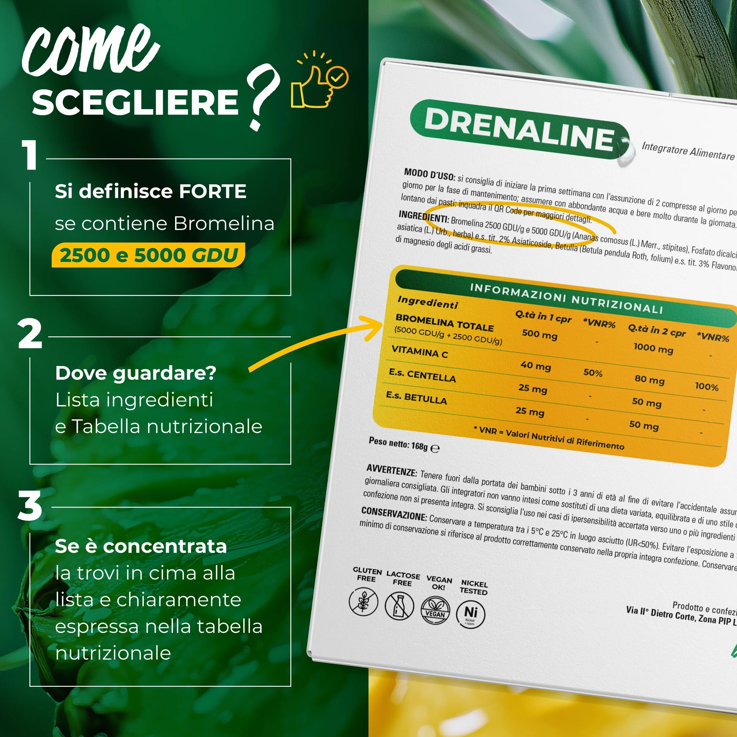Symbeauty Bromelina Forte 240 Cpr Drenaline 2500+5000 GDU Betulla Centella Vitamina C Vegano Made in Italy