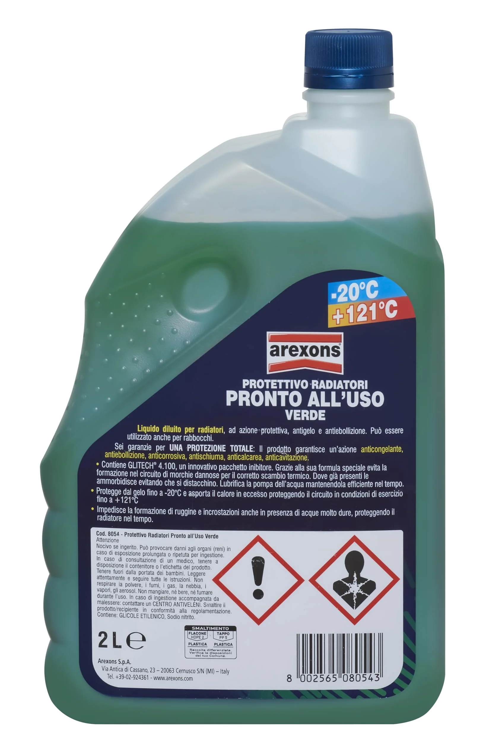 AREXONS Protettivo Radiatori -20°, Liquido Pronto all'Uso per Radiatori: Protezione Antigelo e Antiebollizione per Leghe di Alluminio, Miscelabile e Adatto a Rabbocchi, 2L