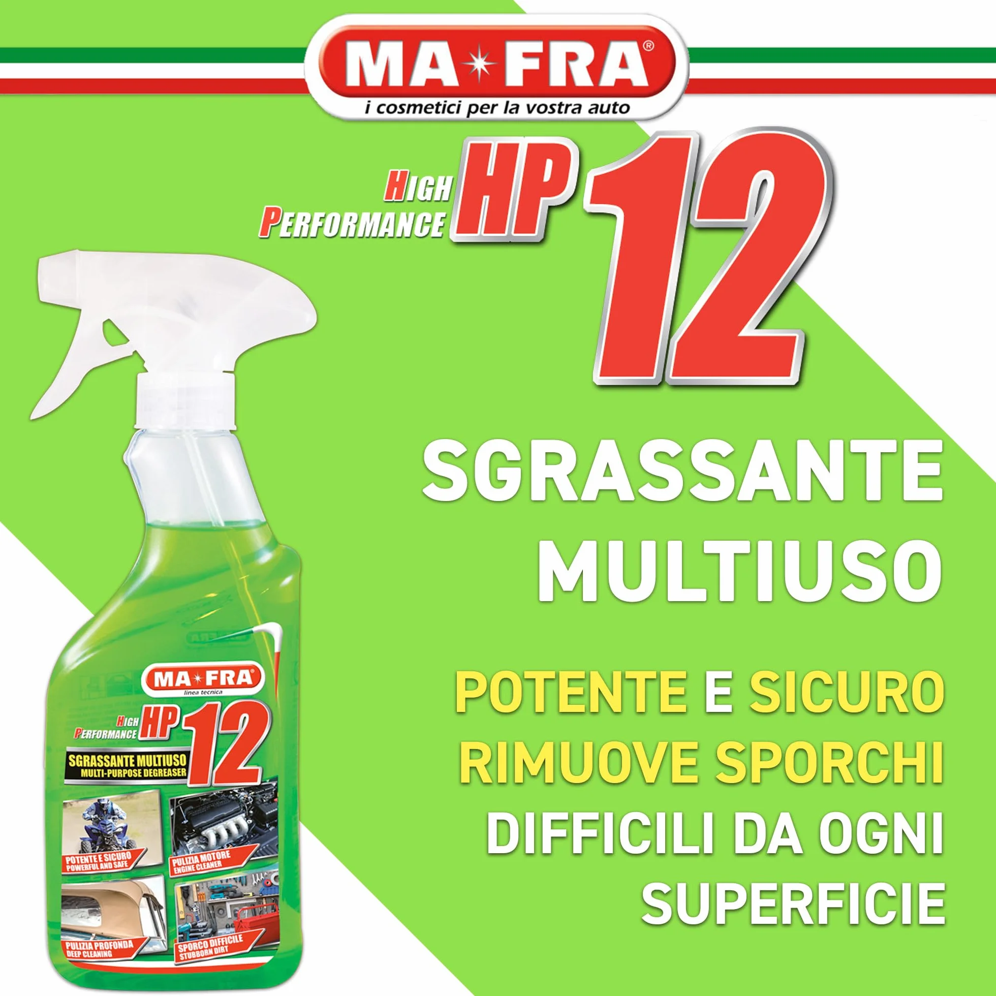 MAFRA, HP12, Sgrassatore Universale Multiuso con Formula Attiva, Adatto a Tutte le Superfici, Potente e Sicuro sulle Parti Trattate, Ideale per Pulizia Auto, Moto e Camper, Formato 500ml