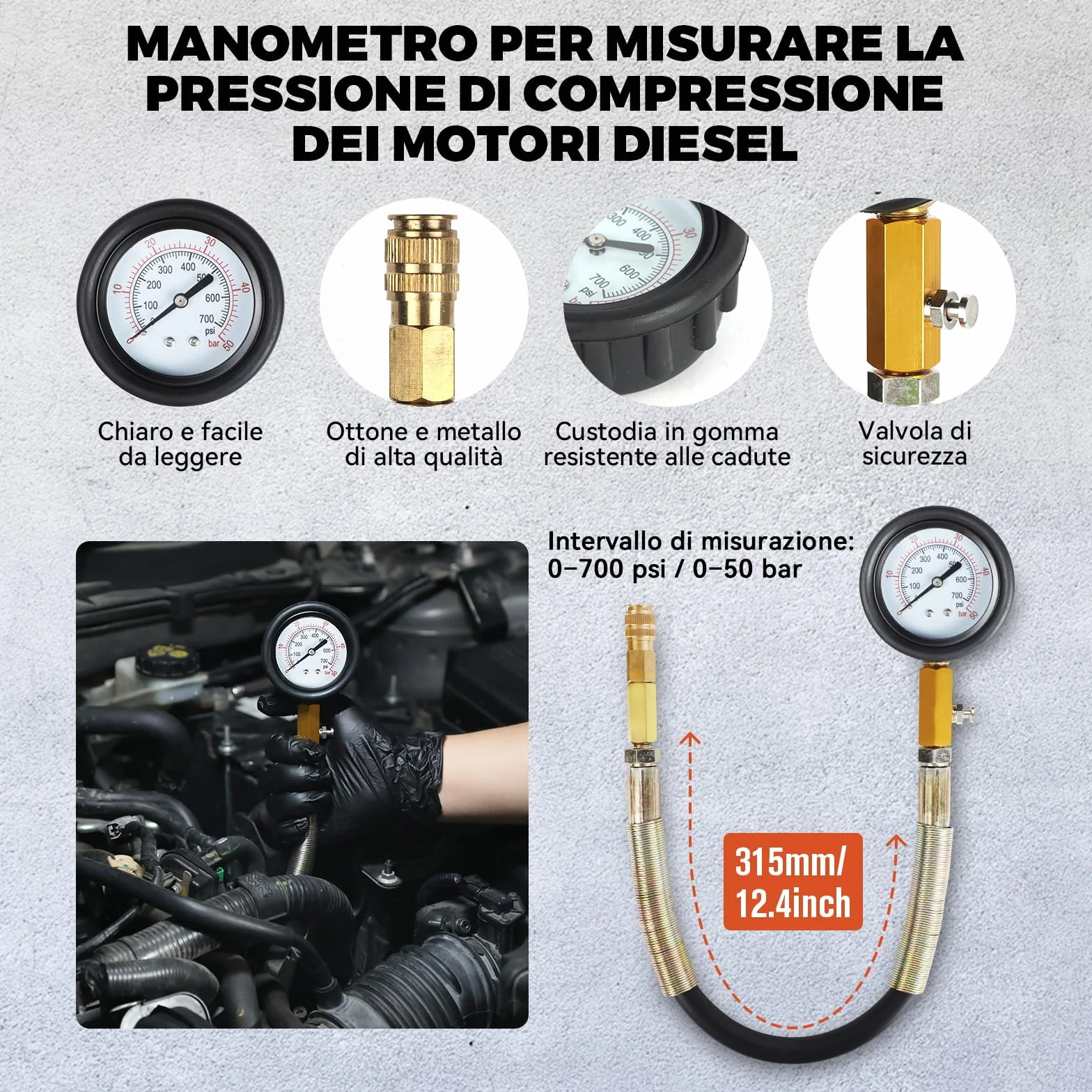 Set di 46 Tester di Compressione Professionale per Auto, Tester di Perdita di Pressione per Motori Diesel e Benzina con Adattatore per Auto, Camion, Moto