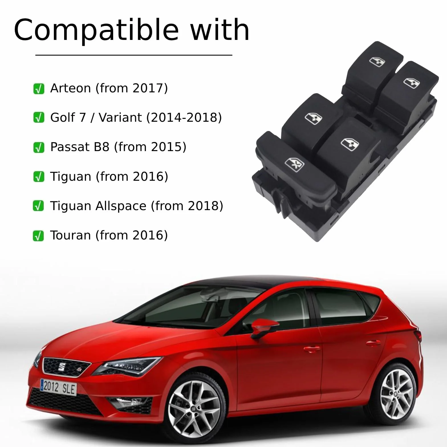 Twowinds - Interruttore Alzacristallo 5G0959857D Compatibile con VW Golf 7 (2014-2018) Passat B8 (2015-) Touran, Seat Leon (2013-2016) - Porta Anteriore Sinistra (lato conducente) Pulsantiera Finestra