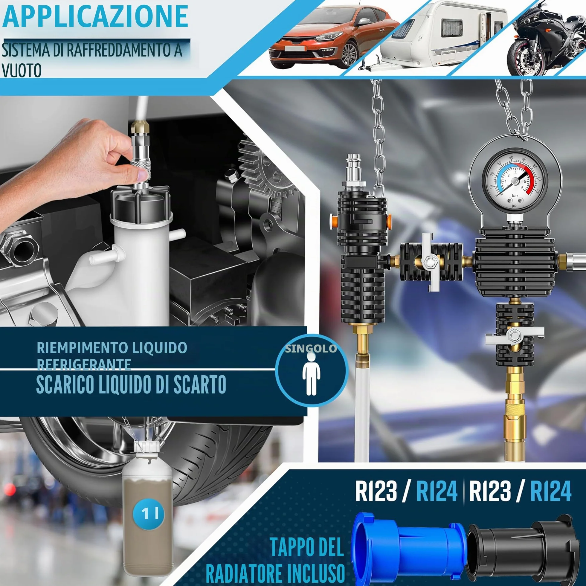 MASKO® Tester e dispositivo di spinta per sistema di raffreddamento | Controllore di pressione del radiatore, dispositivo di scarico del radiatore 28 pezzi incluso adattatore universale per radiatore