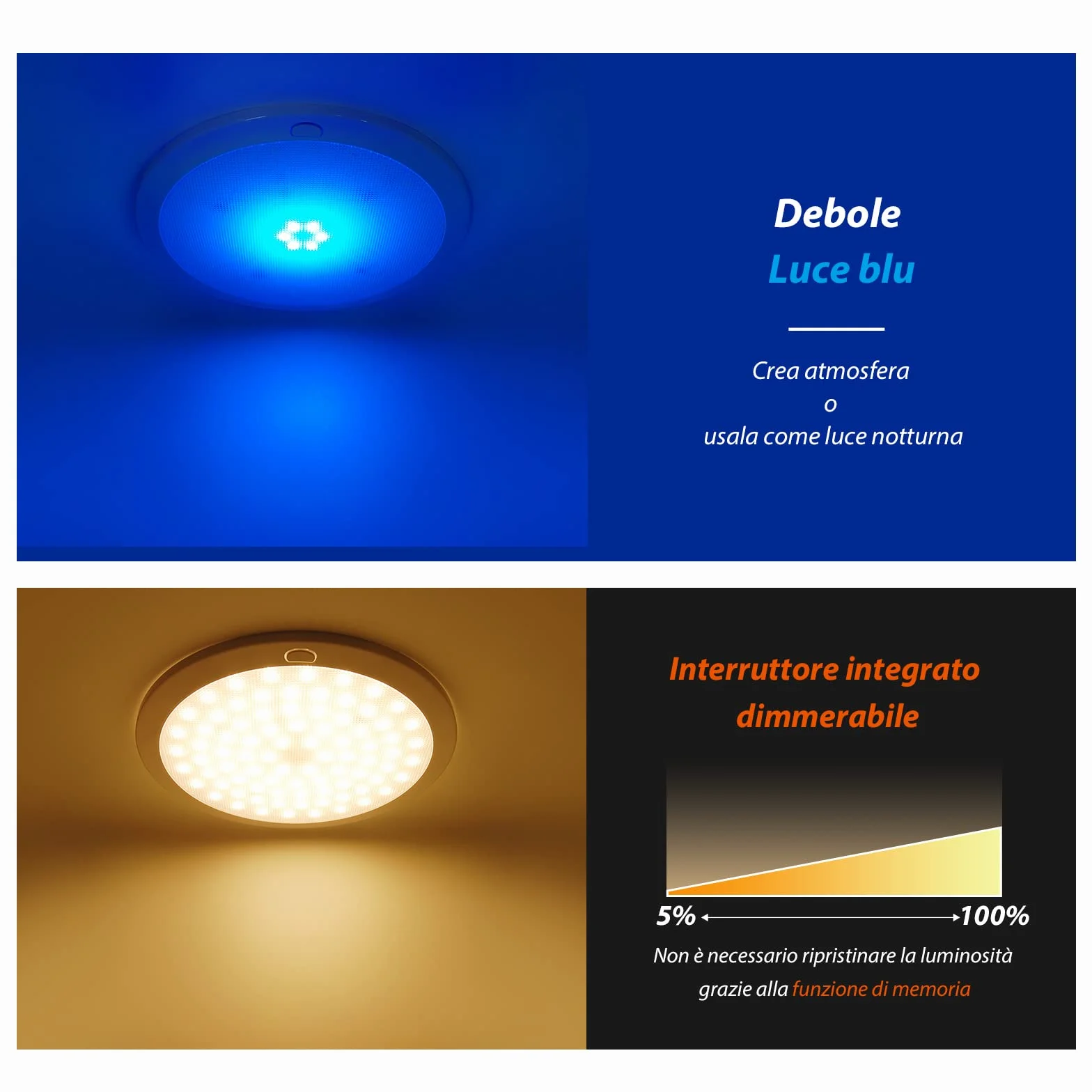 Dream Lighting Plafoniera LED 12V Dimmerabile 21,6cm 14W Due Colori Bianco Caldo e Blu per Camper Barca