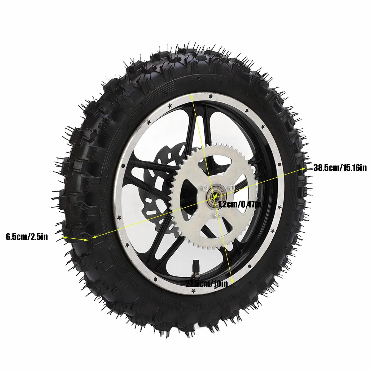 Gruppo ruota posteriore per moto da cross, pneumatico 2,5 x 10, costruzione in gomma e metallo con pignone a disco e cuscinetto