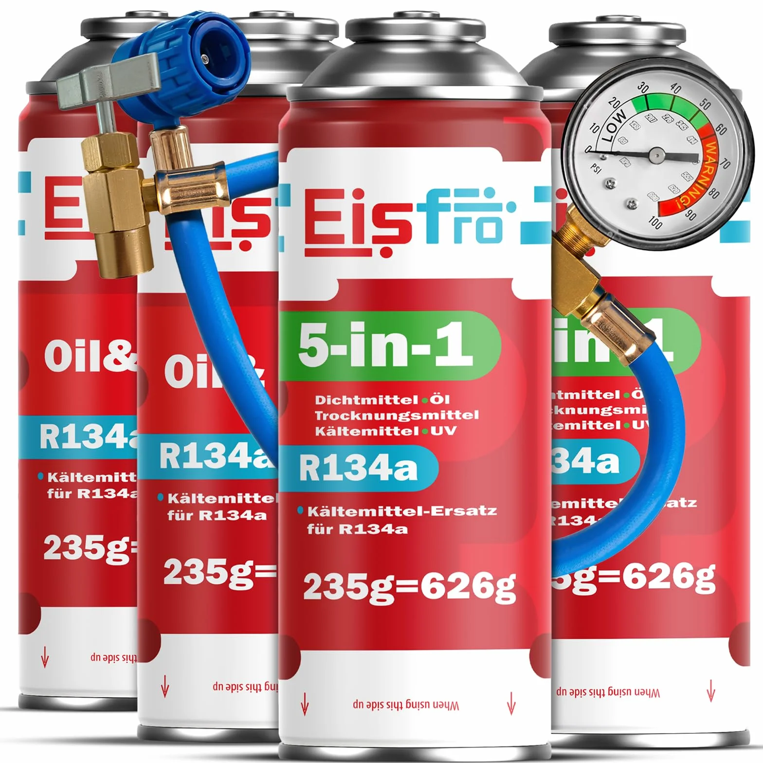 5-in-1 – 2x gas R134a con olio + 2x refrigerante R134a 5-in-1 XL 235 g per confezione, per climatizzatori auto con olio, sigillante, tracciante UV e disidratante + tubo