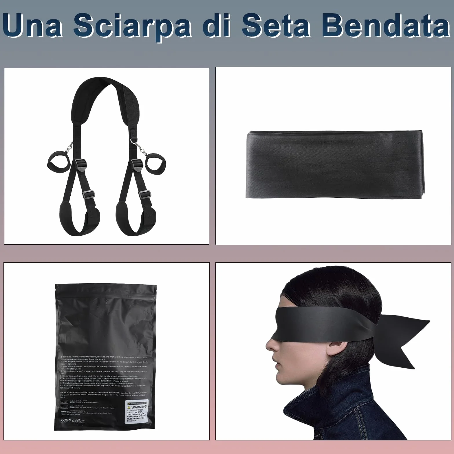 BDSM Bondage Kit Giochi Erotici per Coppie con Cinghie Staccabili, Benda, Manette Nere