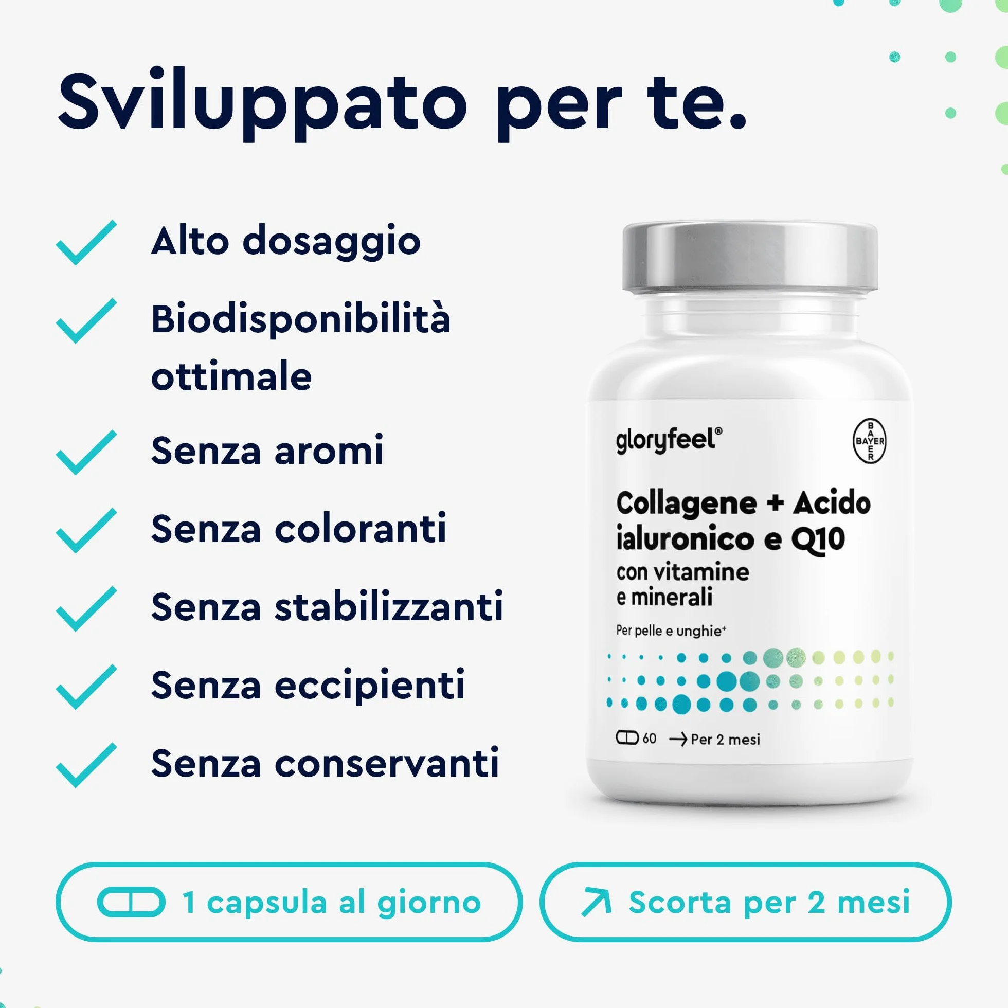 Collagene Marino con Acido Ialuronico, Coenzima Q10, Vitamina C, Zinco, 60 Capsule, Integratore per Pelle, Ossa e Articolazioni