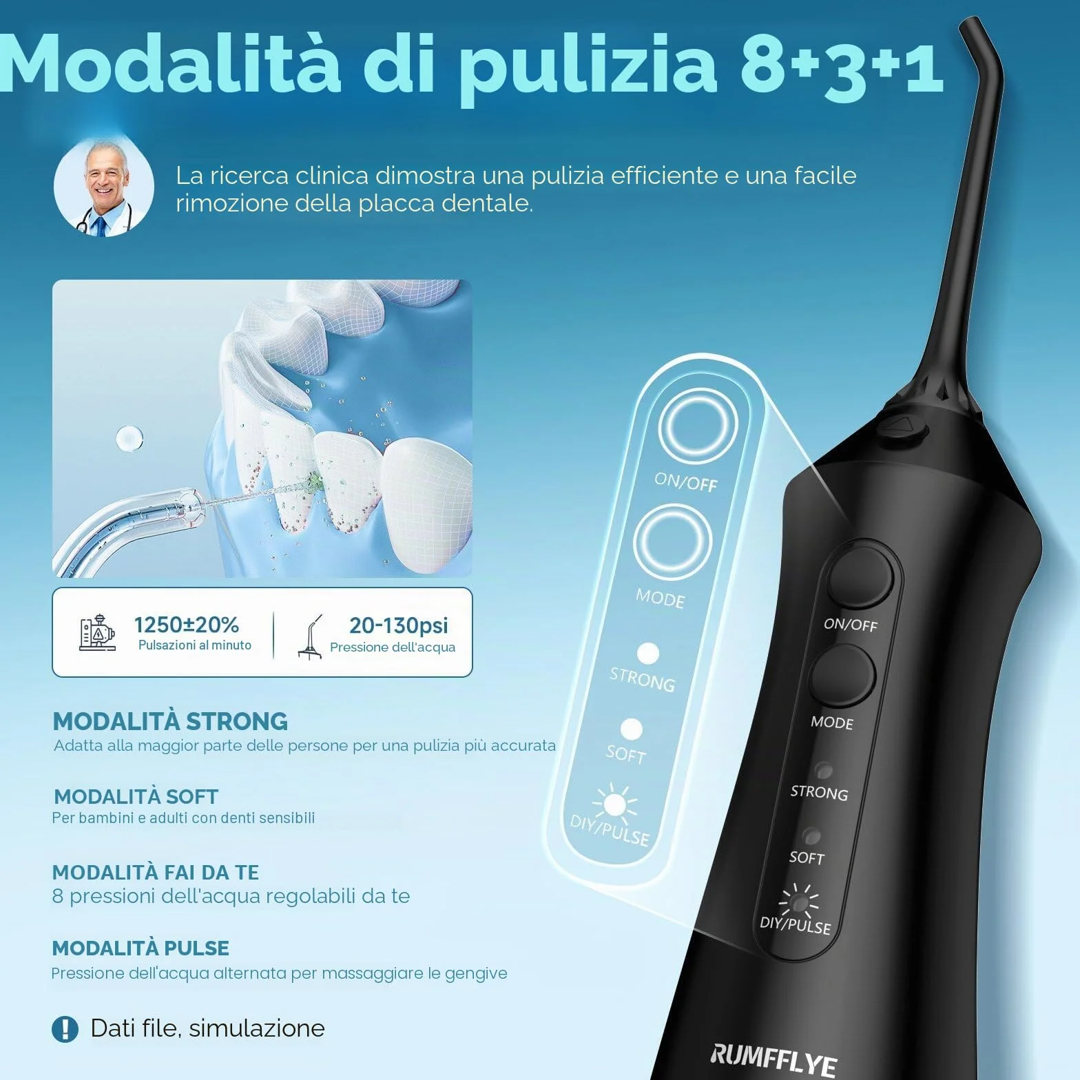 Idropulsore Dentale Portatile Irrigatore Orale Professionale Water Flosser 12 Modalità 300ML Ricaricabile Impermeabile IPX7 Nero