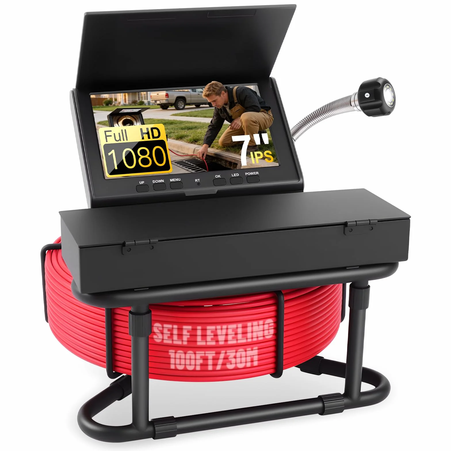 KAOLALI Telecamera di Ispezione 30m con DVR, Sonda Autolivellante 7" 1000TVL, Endoscopio Industriale con Scheda 32GB