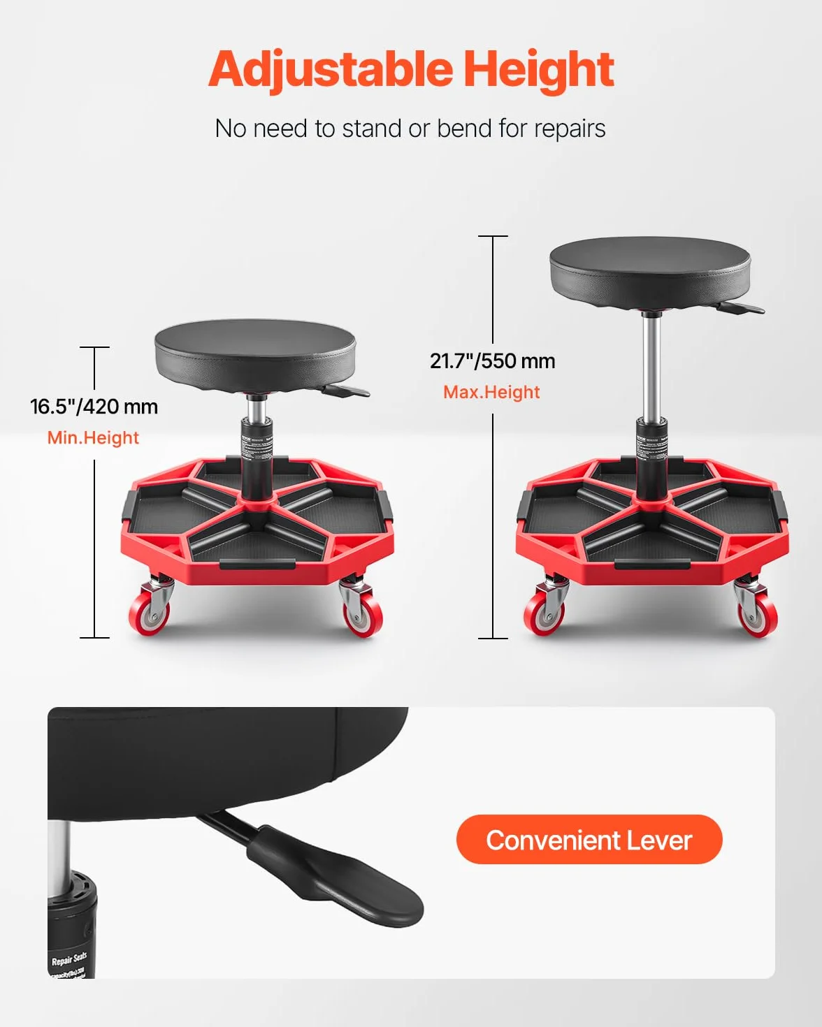 VEVOR Sgabello da Meccanico con Ruote, Capacità 136 kg, Altezza Regolabile 420-550 mm, Vassoio Portautensili, Nero Rosso