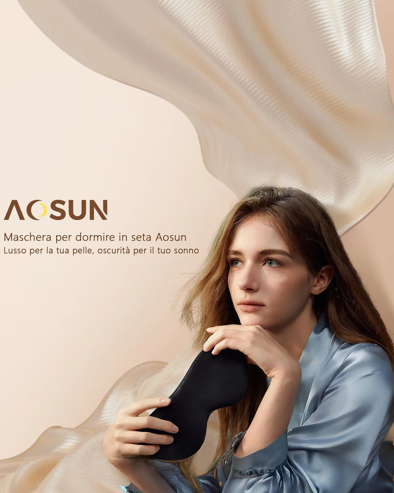 Aosun Mascherina per Dormire in Pura Seta di Gelso al 100% Ipoallergenica Oscurante con Fascia Regolabile Nero