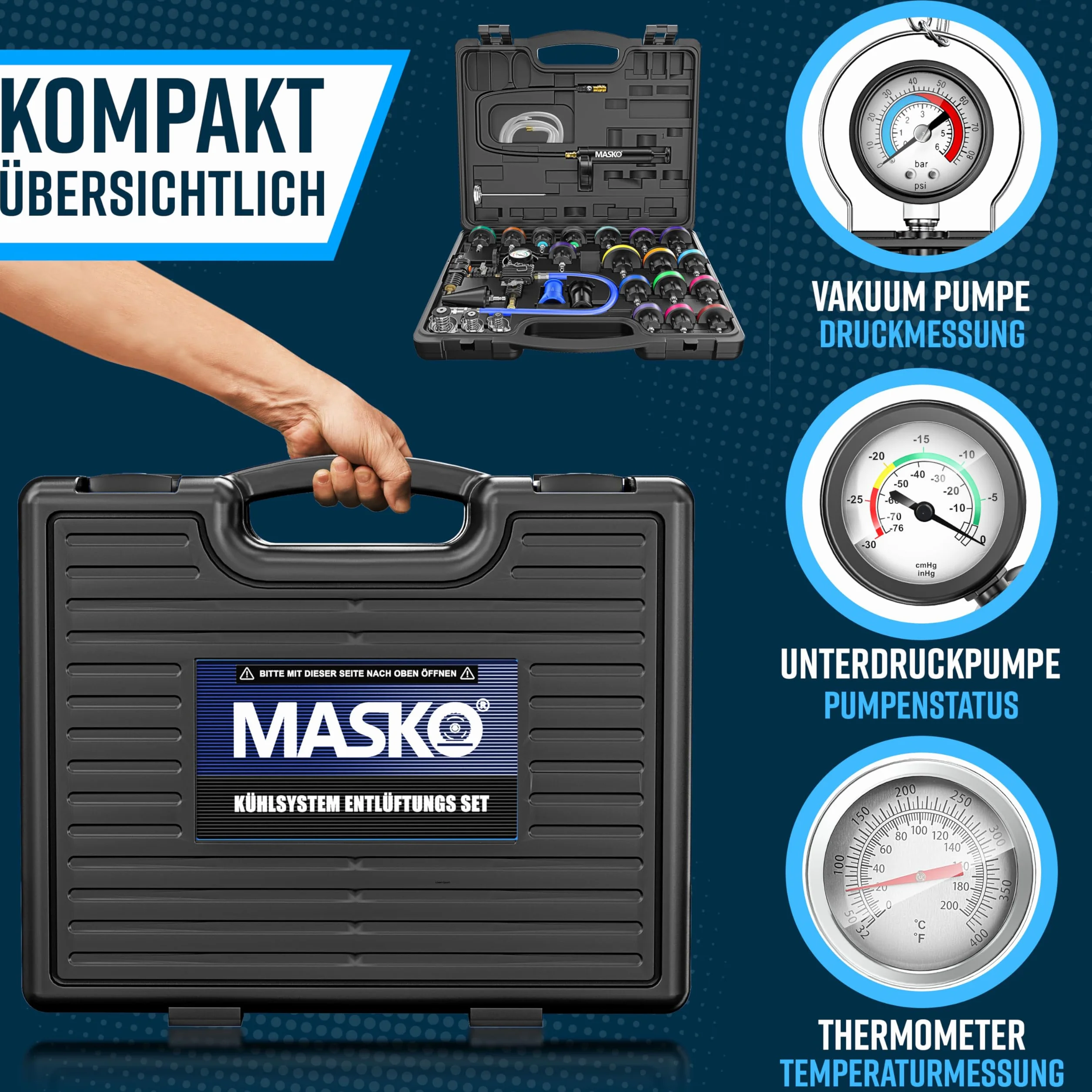 MASKO® Tester e dispositivo di spinta per sistema di raffreddamento | Controllore di pressione del radiatore, dispositivo di scarico del radiatore 28 pezzi incluso adattatore universale per radiatore