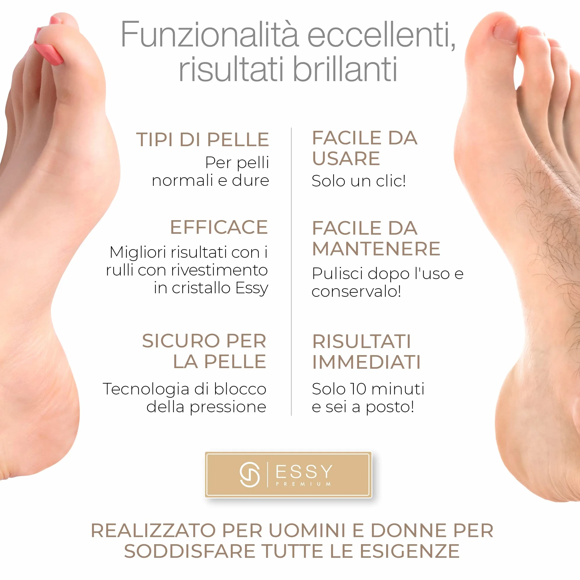 Essy Levigatore Elettrico per Piedi con 5 Rulli di Ricambio, Lima Ricaricabile per Rimozione Calli, 2 Velocità, Display LED, Ricarica USB, Kit Pedicure Bianco