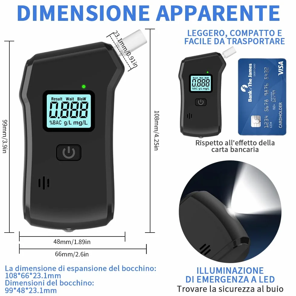 Etilometro Portatile Certificato,Etilometro Professionale con Display Digitale LCD e Chip ad Alta Sensibilità,Precisione di Grado,Alcool Test Portatile per Uso Domestico e Professionale con 20 Beccucc