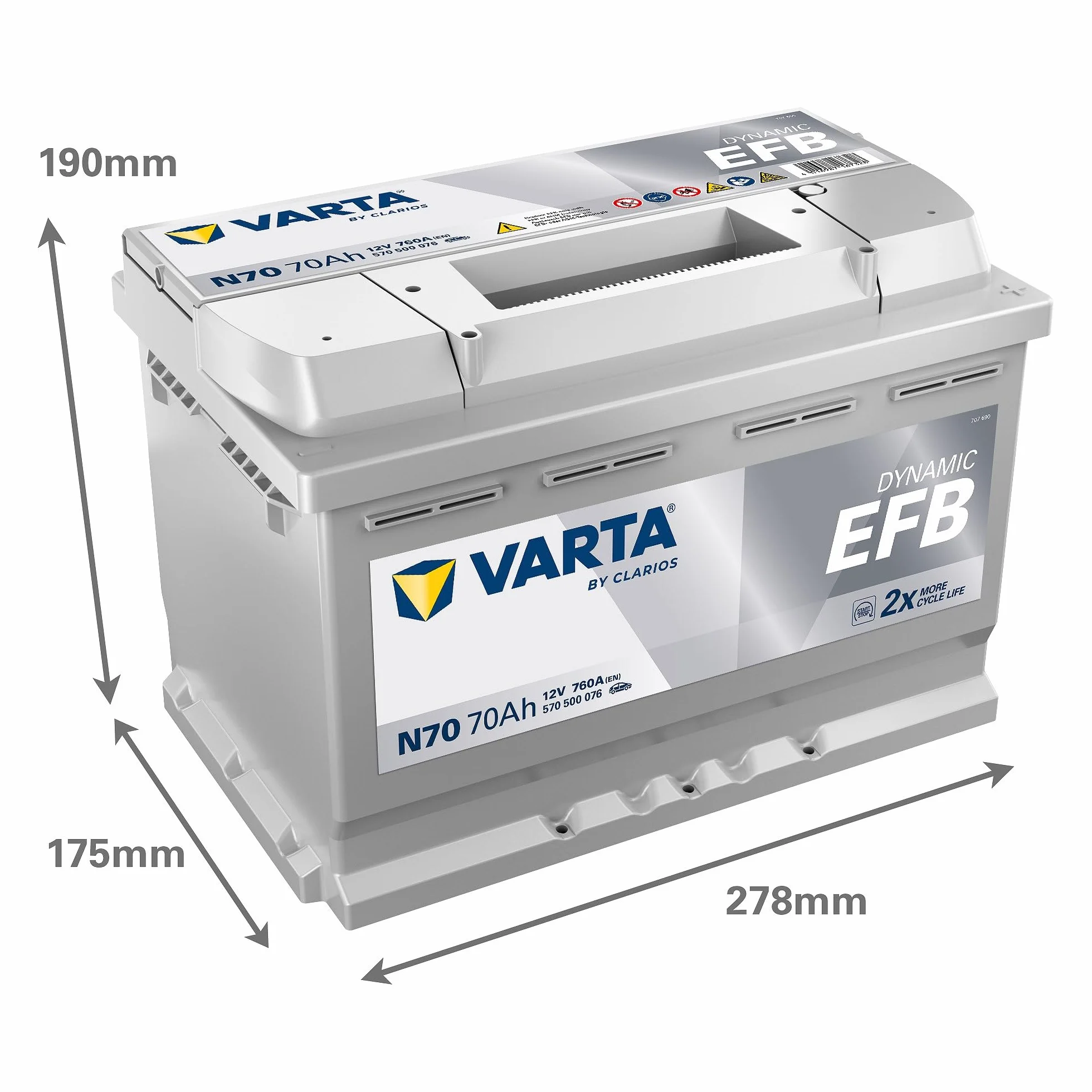 VARTA Automotive DYNAMIC EFB (N70) 12V 70Ah 760A - Batteria auto al piombo-acido per sistemi start-stop - Batteria di avviamento per macchine con elevato fabbisogno energetico - senza manutenzione