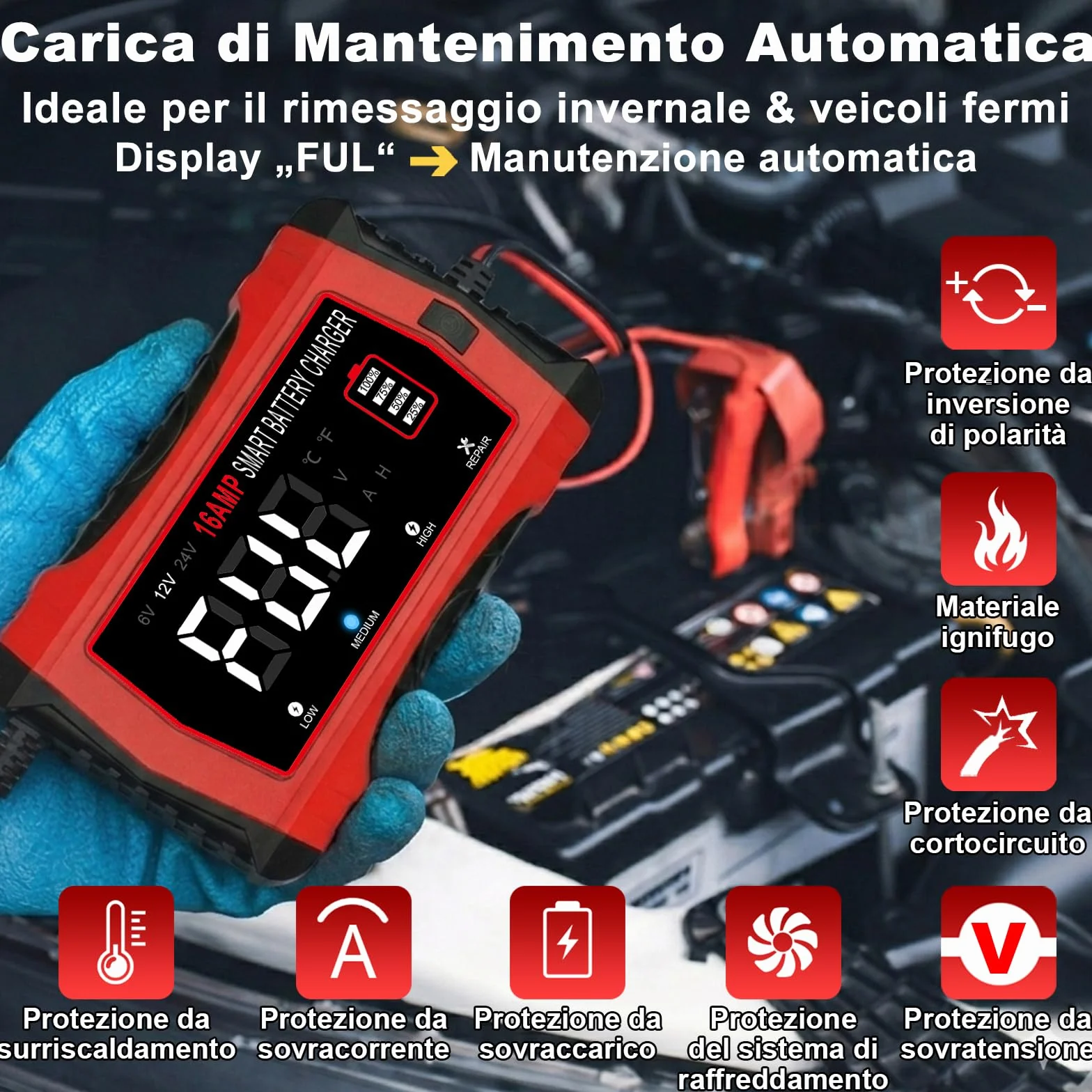 HTRC Caricabatterie Auto 16A 6V/12V/24V Intelligente LCD 4 Modalità per Barche SUV Moto Litio LiFePo4 Piombo Acido