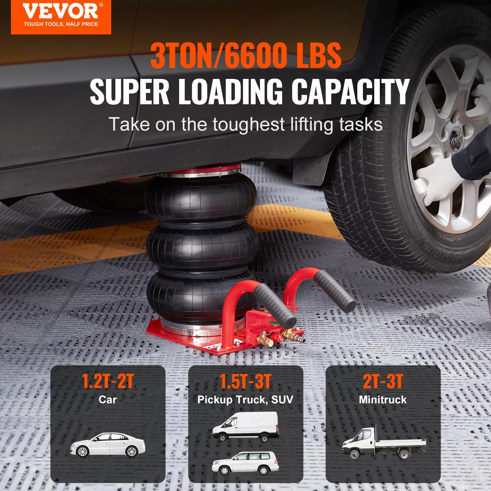 VEVOR Cric ad aria compressa, 3 tonnellate/5000 kg, cric airbag con sei tubi in acciaio, sollevamento fino a 450 mm, cric pneumatico a sollevamento rapido 3-5 s, con maniglie laterali per auto, garage