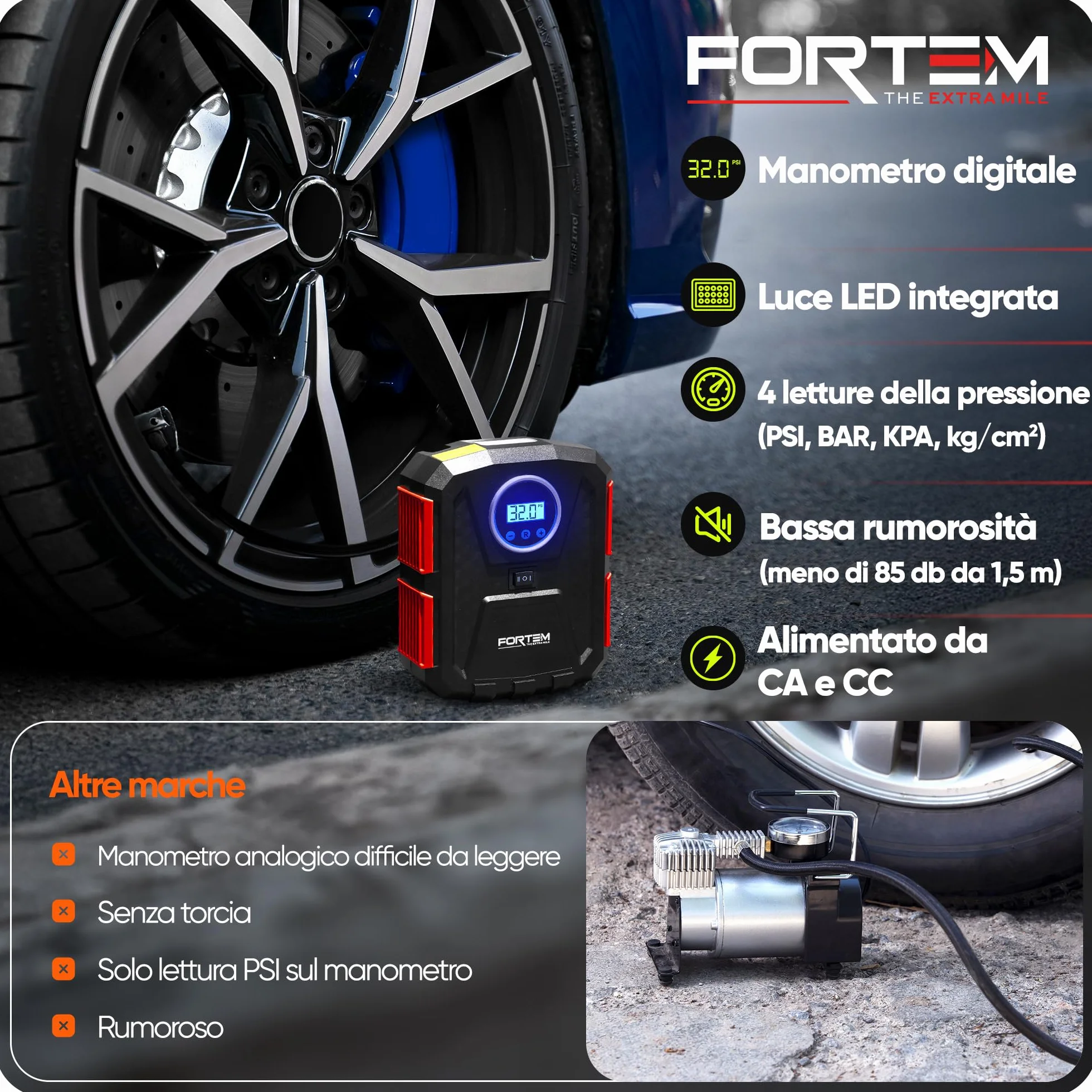 FORTEM Compressore Aria Portatile Manometro Digitale Gonfiaggio Automatico