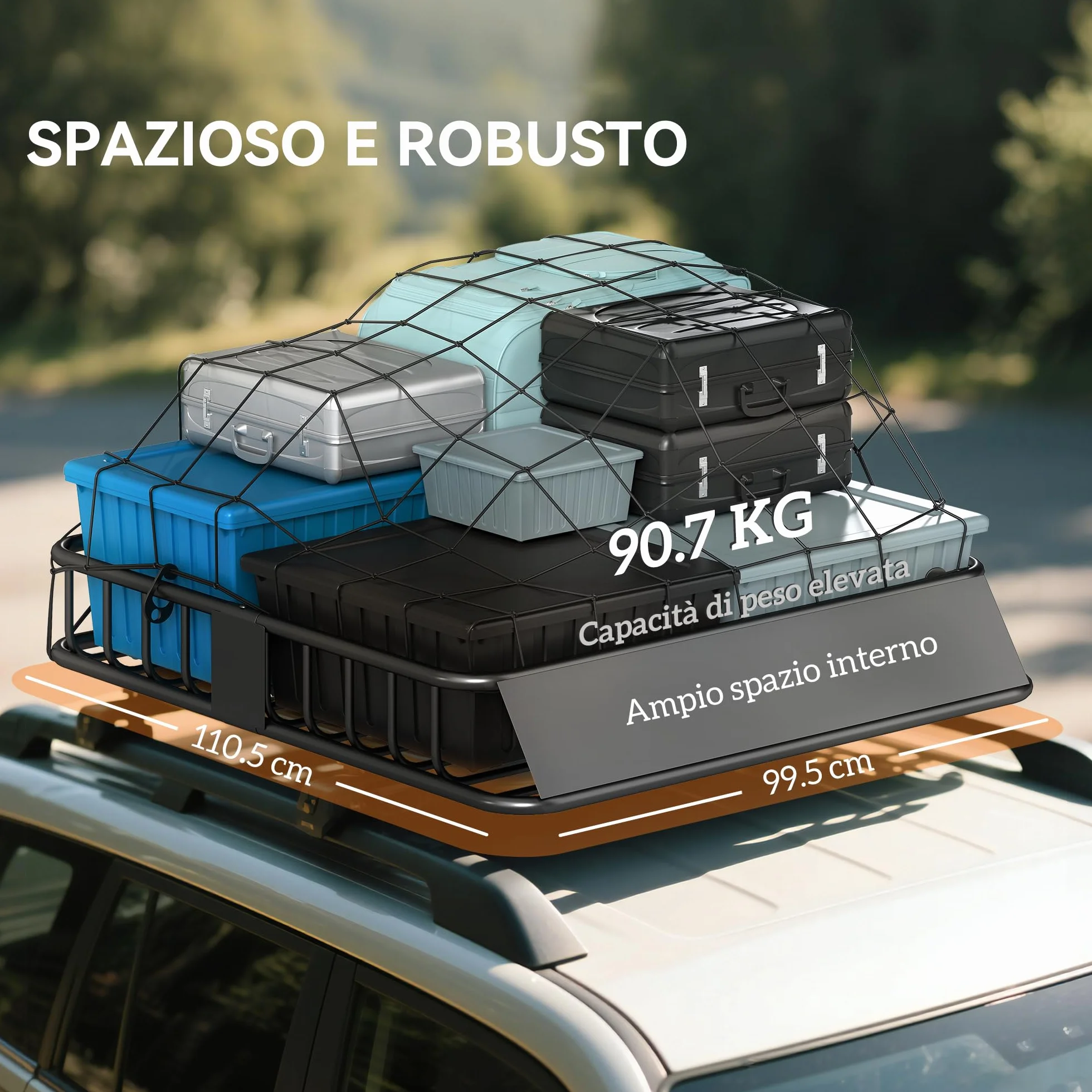 HOMCOM Portapacchi Auto Tetto da 90.7 kg, Cestello Portapacchi Auto Universale con Deflettori, Barre Laterali, Portabagagli in Acciaio, per SUV, Pickup, Fuoristrada, Berline, 110.5x99.5x18.5 cm, Nero