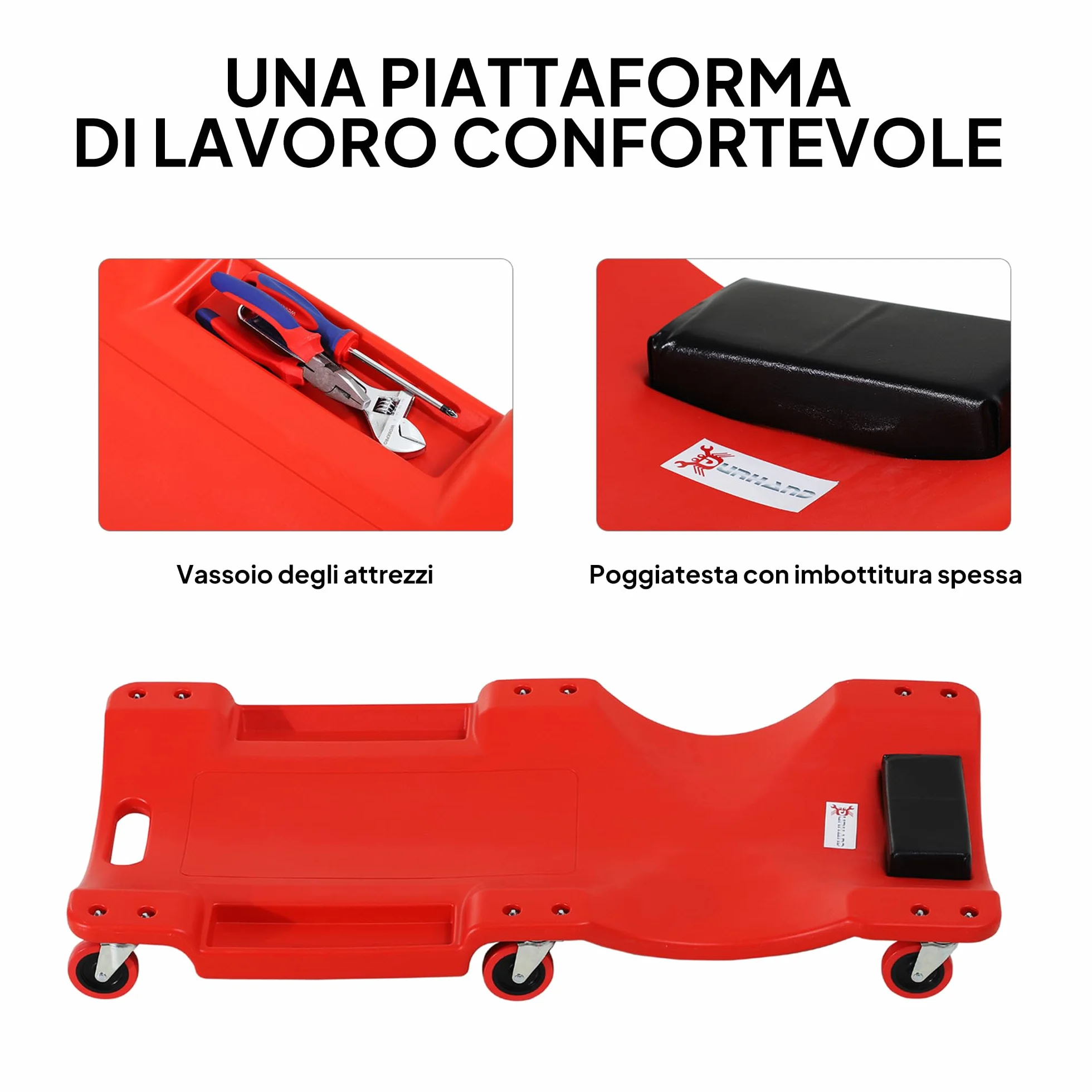 DURHAND Carrello sotto Auto Meccanico 6 Ruote 100x48x12 cm Rosso