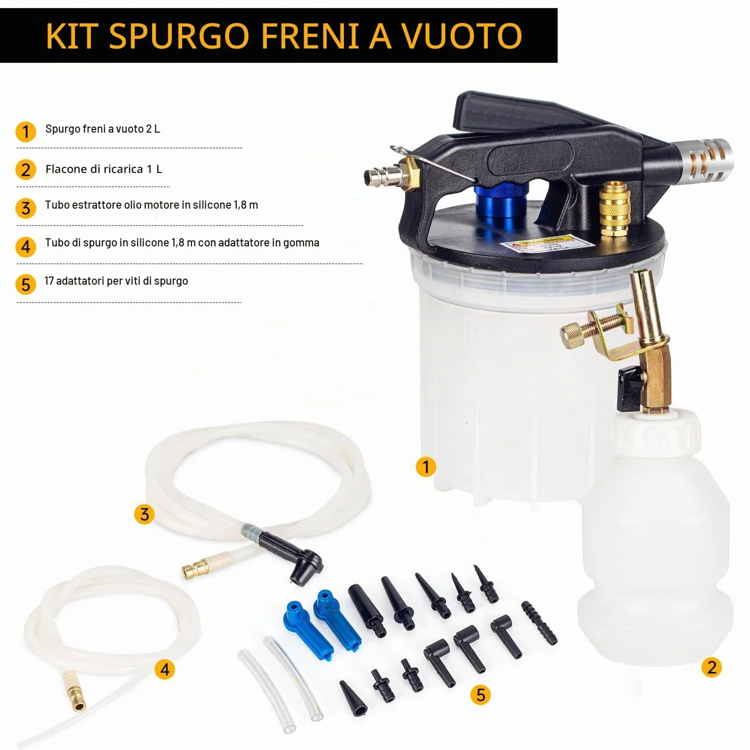 Spurgo Freni 2L Dispositivo ad Aria Compressa per Auto con Contenitore 1L di Aspirazione e Adattatori