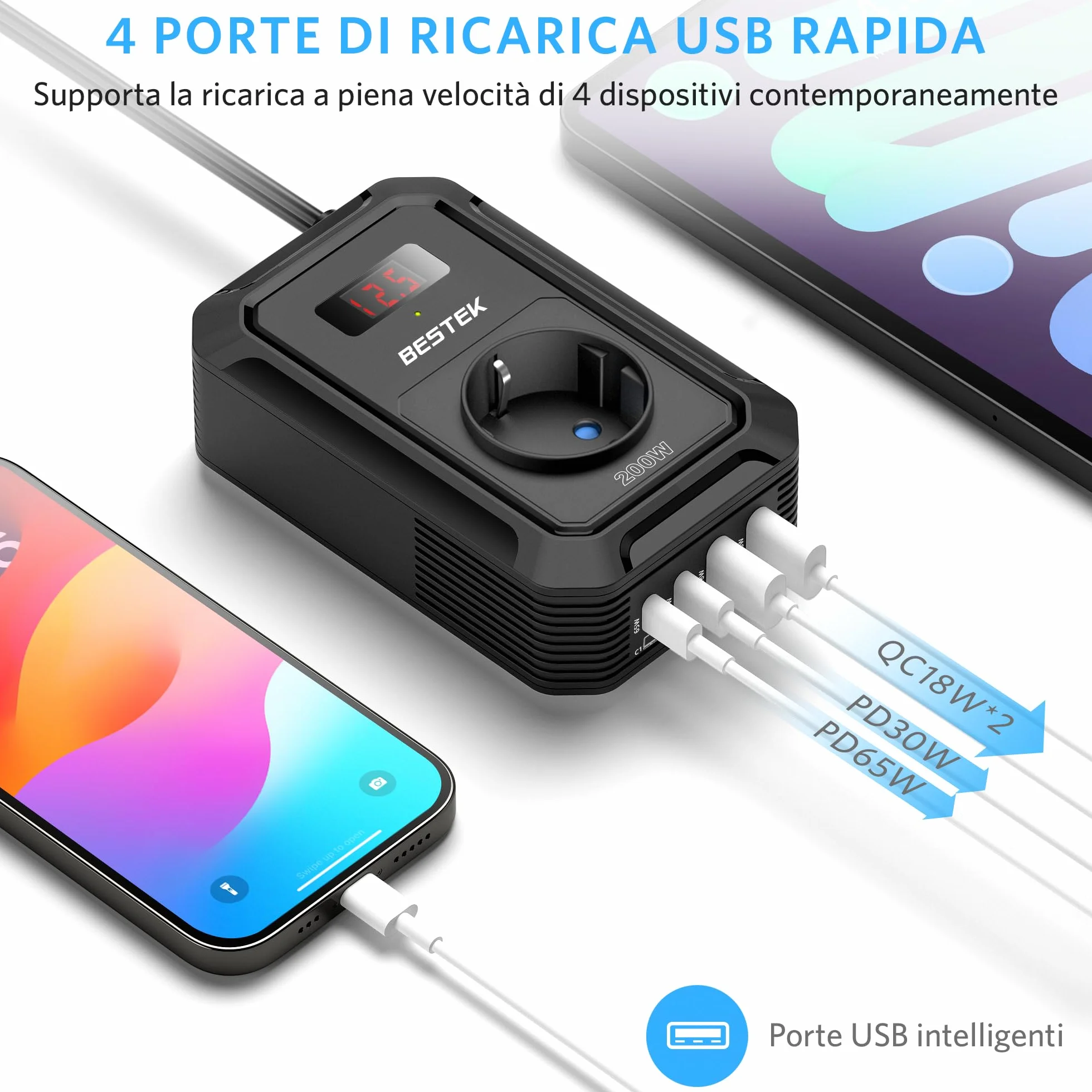 BESTEK Inverter di tensione 200 W 12 V a 240 V 230 V AC con 3 prese, 2 porte USB 18 W e 2 porte USB-C