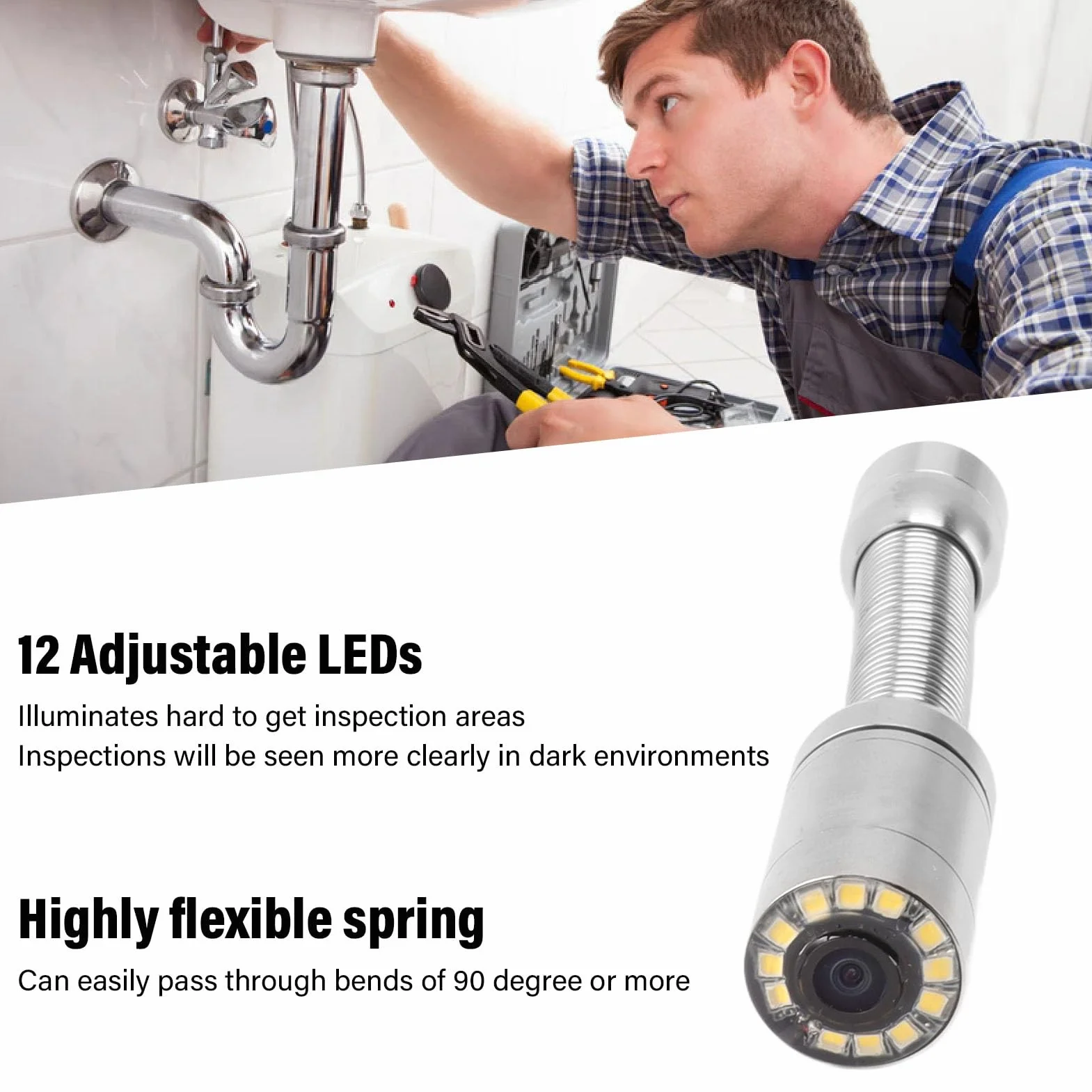 Endoscopio Professionale 23mm Testa Telecamera Ispezione Fognature Acciaio Inossidabile IP68 12 LED