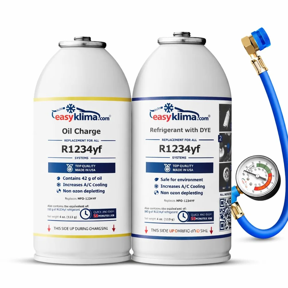 EasyKlima R1234yf Set dal 2016 – Refrigerante con UV DYE + Carica di Olio (Olio con Refrigerante) + Tubo con Manometro, Collegamento in Rame, per Climatizzatori R1234yf Veltao Set