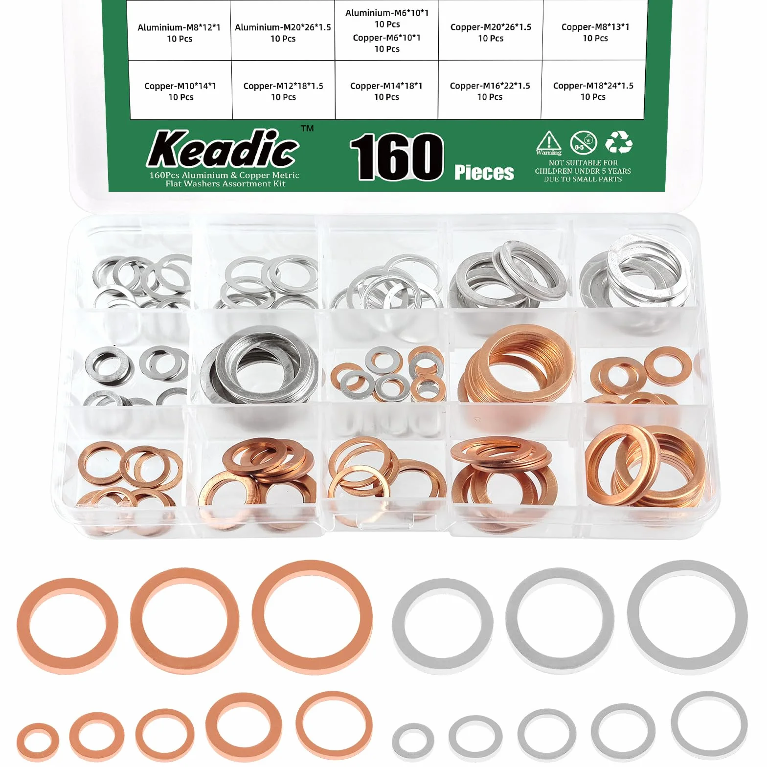 Keadic 160 pezzi, 16 misure, olio di scarico Plug Crush Washer Assortment Set, Copper & Aluminum Flat Gasket Seal for Cars Track and Motorcycle, M6 M8 M10 M12 M14 M16 M18 M20