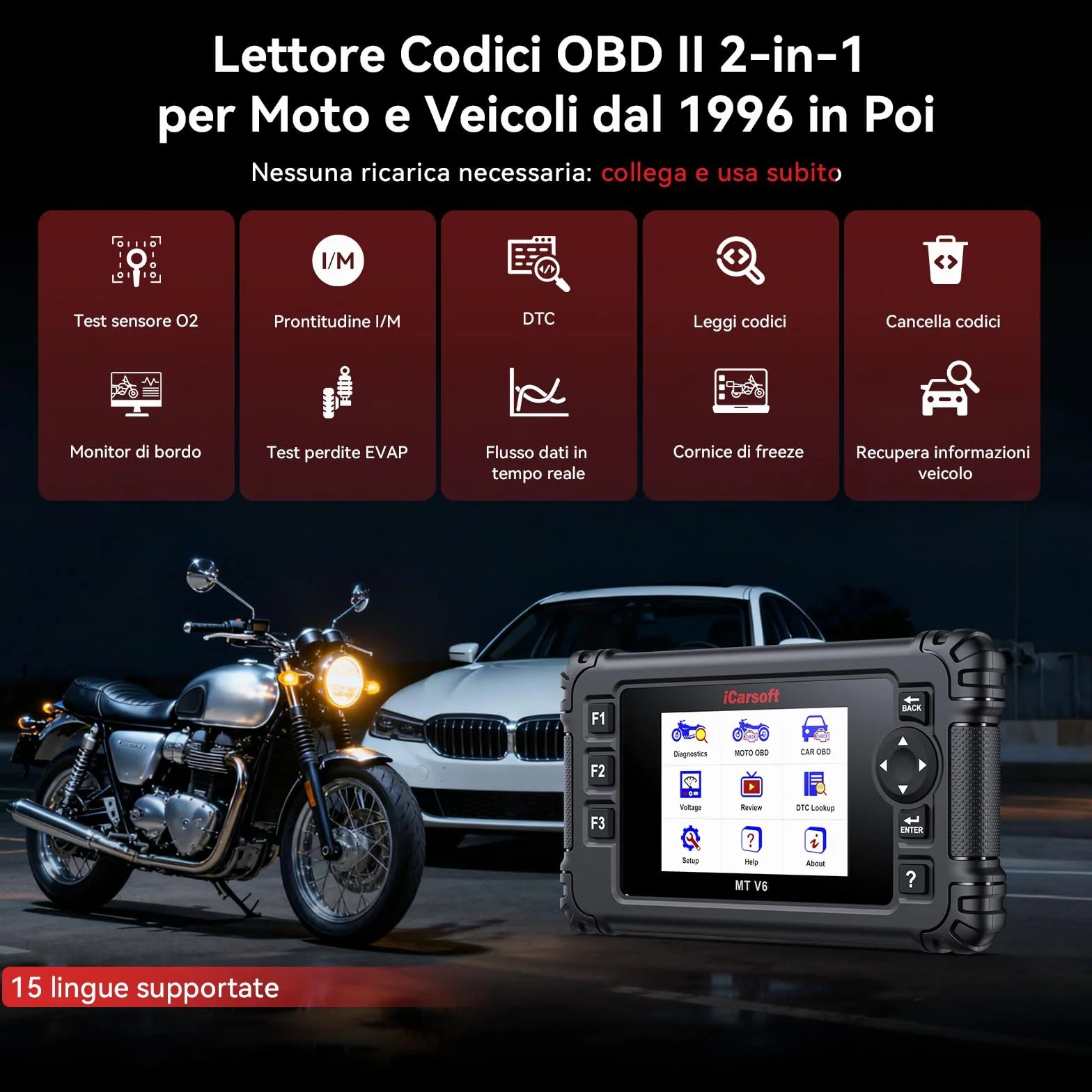 iCarsoft MT V6 Scanner diagnostico moto Triumph OBD2 58 servizi manutenzione 55 test bidirezionali