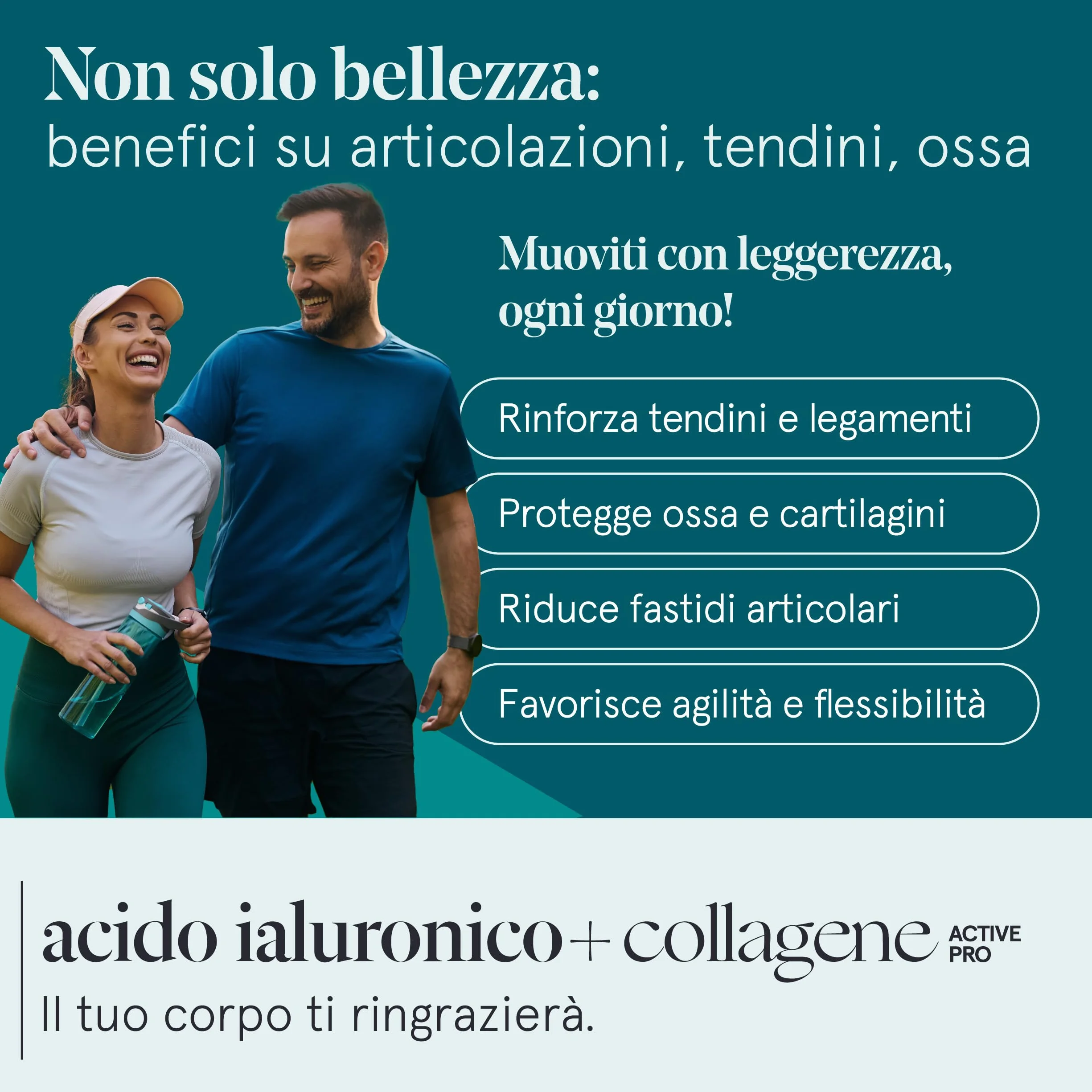 Collagene e Acido Ialuronico con Probiotico Bifidobacterium L. BLG1, Vit C e E, Q10, Zinco e Biotina