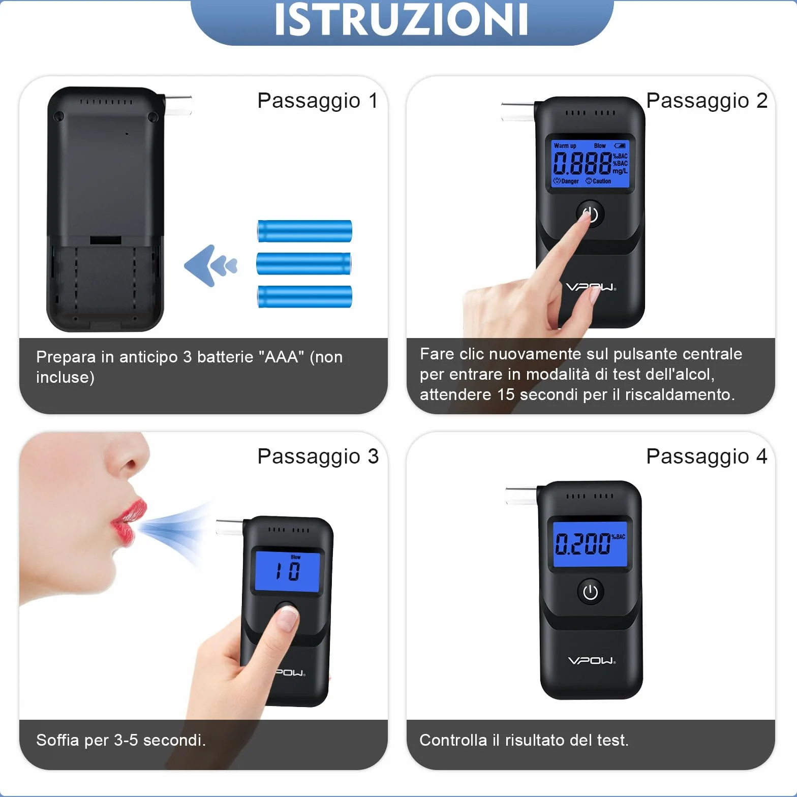 Etilometro Portatile Certificato VPOW con Display LCD Blu, Precisione di Grado, per Uso Domestico e Professionale - Nero Scuro
