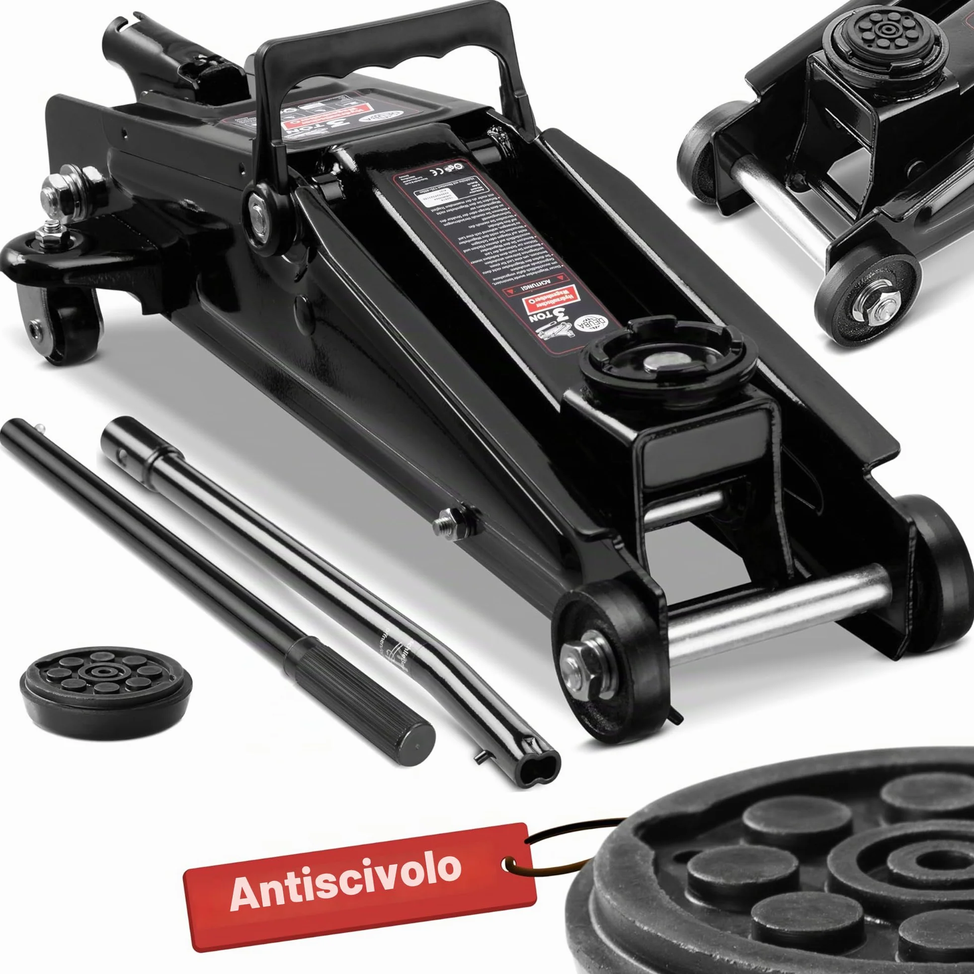 Cric idraulico auto 3 tonnellate Deuba maniglia rotelle manovrabile cuscinetto gomma martinetto sollevatore