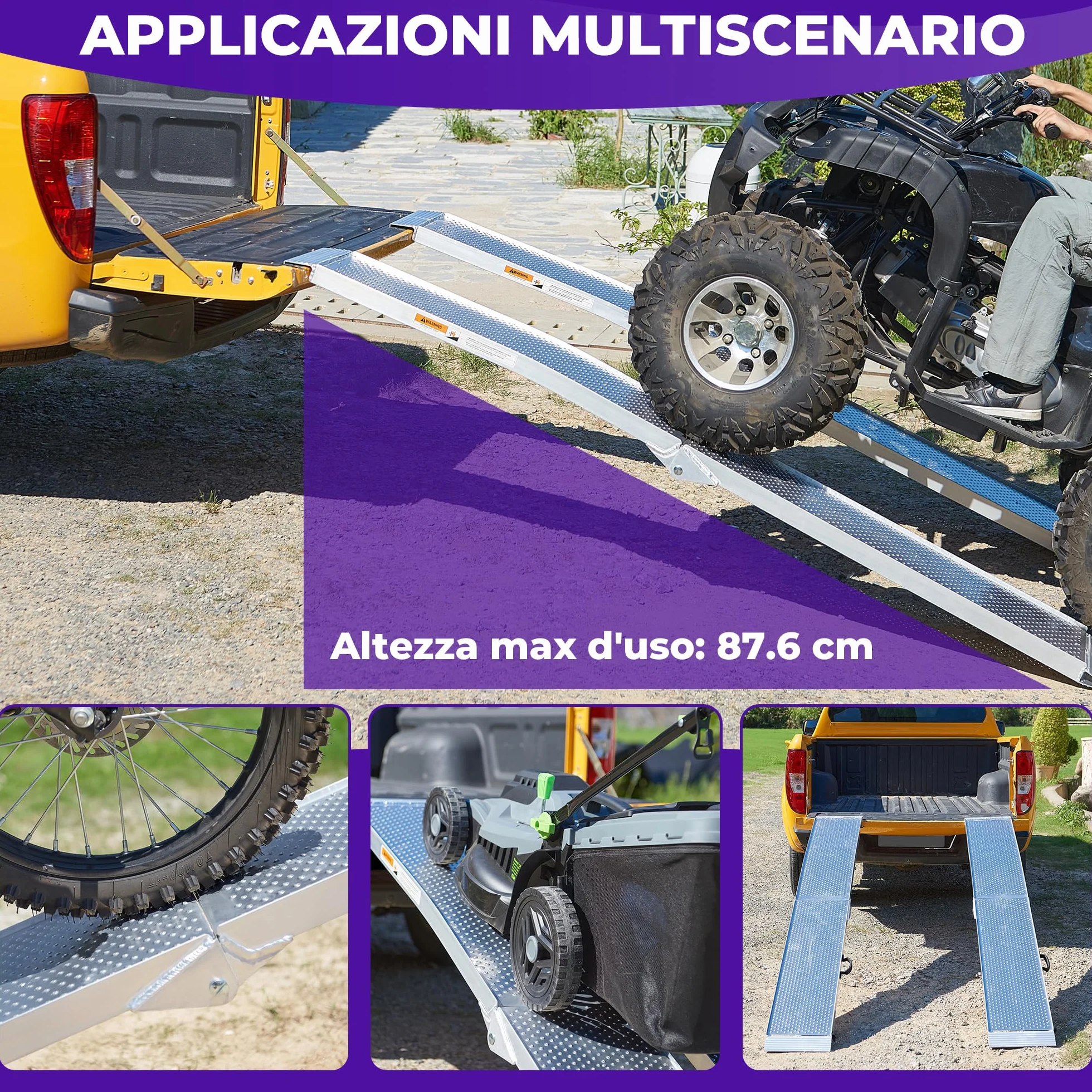 FACHNUO Rampa pieghevole in alluminio, 228 x 28 cm, portata 340 kg, per moto, quad, pick-up con manico portatile, superficie antiscivolo, salvaspazio (1 pezzo, argento)