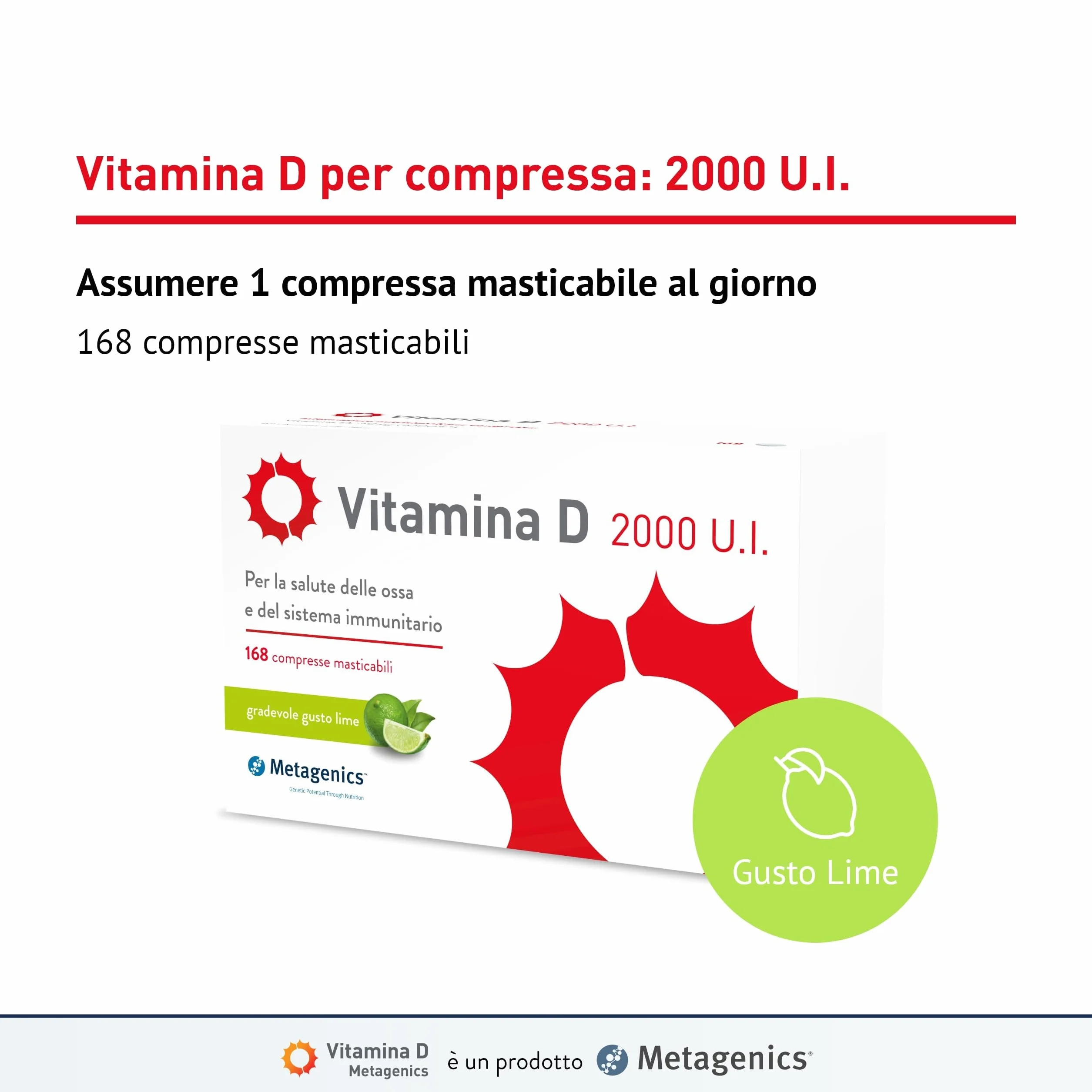 Metagenics Vitamina D 2000 U.I. 168 Compresse Masticabili Integratore per Sistema Immunitario e Supporto a Ossa, Denti e Muscoli